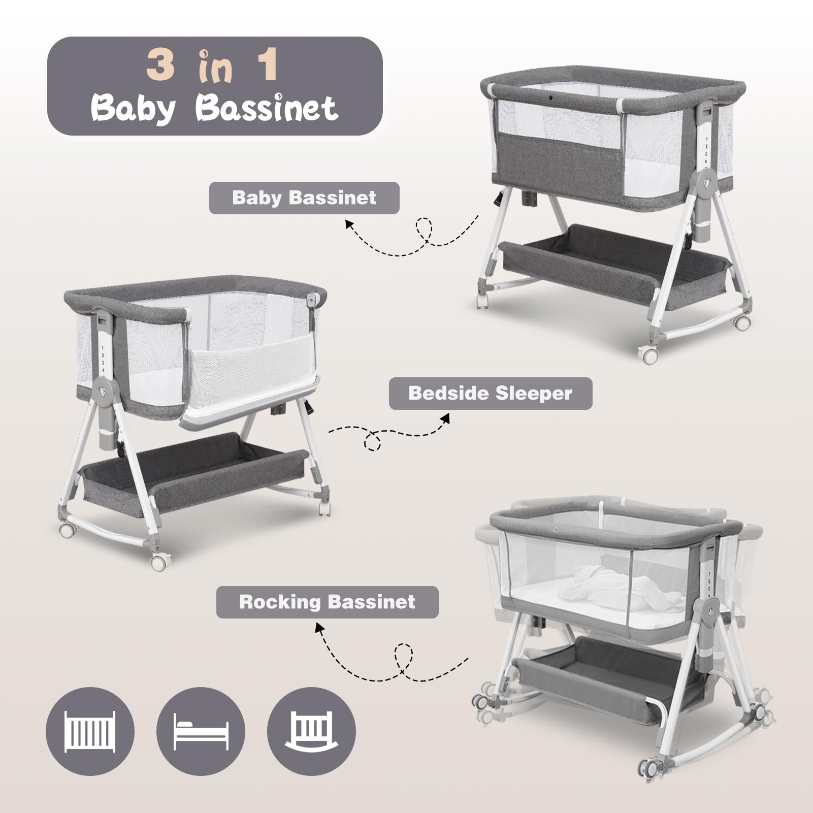 3-in-1 Foldable Baby Bassinet with Hanging Toys & Storage Basket - Adjustable Height Bedside Sleeper Crib with 4-Sided Mesh & Wheels (Light Grey) - Perfect for Nursery, Bedroom & Travel Use