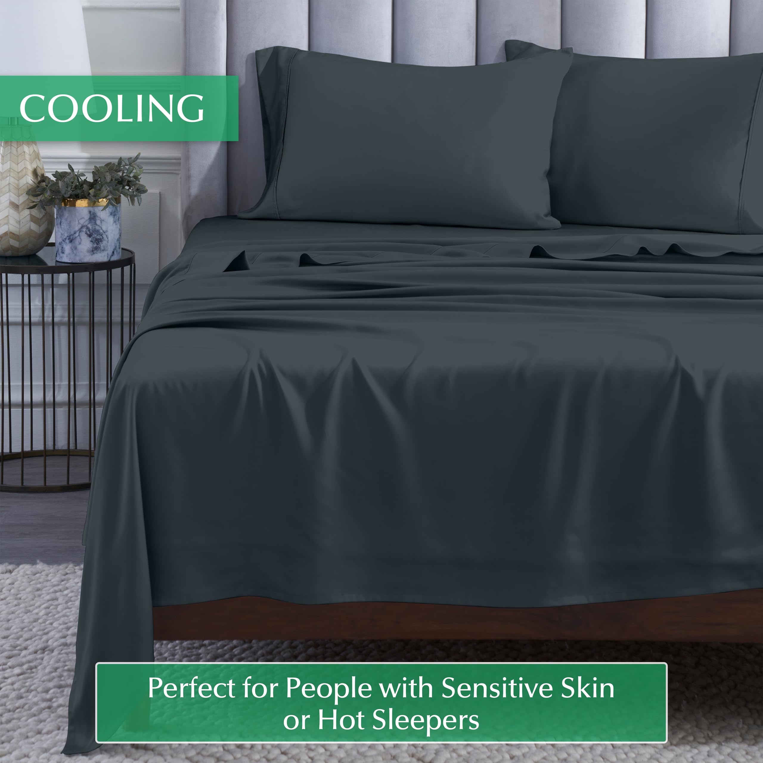 Premium 300-Thread-Count Bamboo Rayon Bed Sheet Set - King Size Charcoal - 1 Deep Pocket Fitted Sheet, 1 Flat Sheet & 2 Pillowcases - Ultra Soft Sateen Weave Luxury Bedding for Hotel-Style Comfort - Perfect for Master Bedrooms, Guest Rooms & Cozy Sleep Retreats