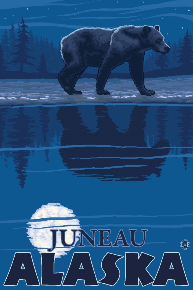 Lantern Press Bear in Moonlight Juneau Alaska Wall Art Poster - 12x18 Inches Framed Wildlife Print for Home Decor, Office & Cabin - Perfect for Living Room, Bedroom or Wilderness Themed Spaces