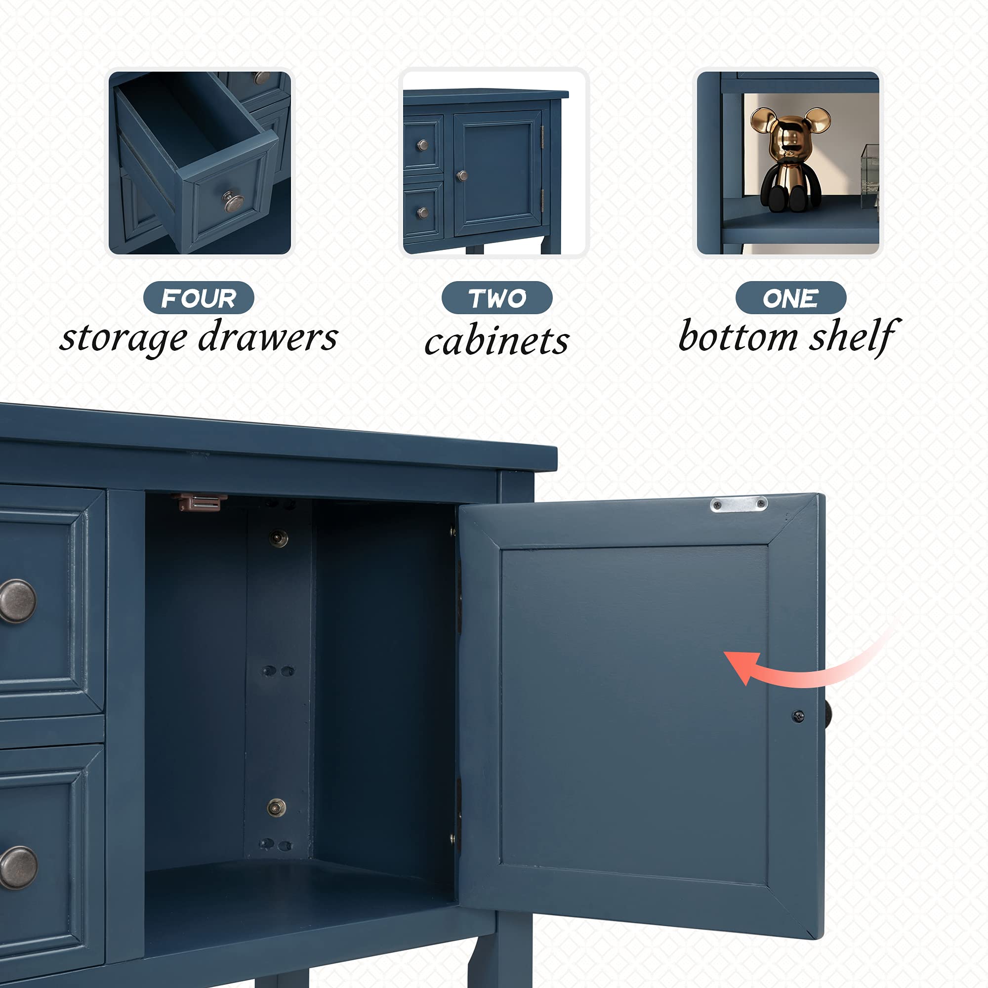 Antique Navy Wood Buffet Sideboard with Storage Cabinet & Drawers - Console Table, Sofa Table with Bottom Shelf for Living Room, Kitchen, Entryway - Perfect for Dining Room Storage & Hallway Decor