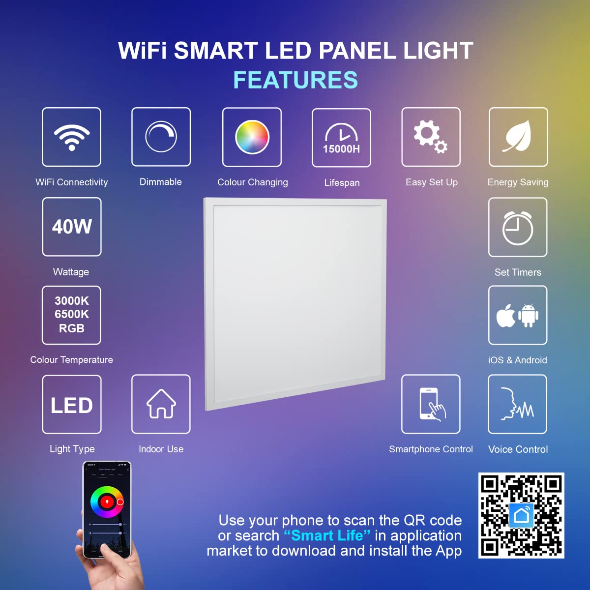 Long Life 40W Smart WiFi RGB LED Ceiling Panel - 600x600mm Color Changing Mood Light, App Controlled for Home, Office & Bedroom Lighting