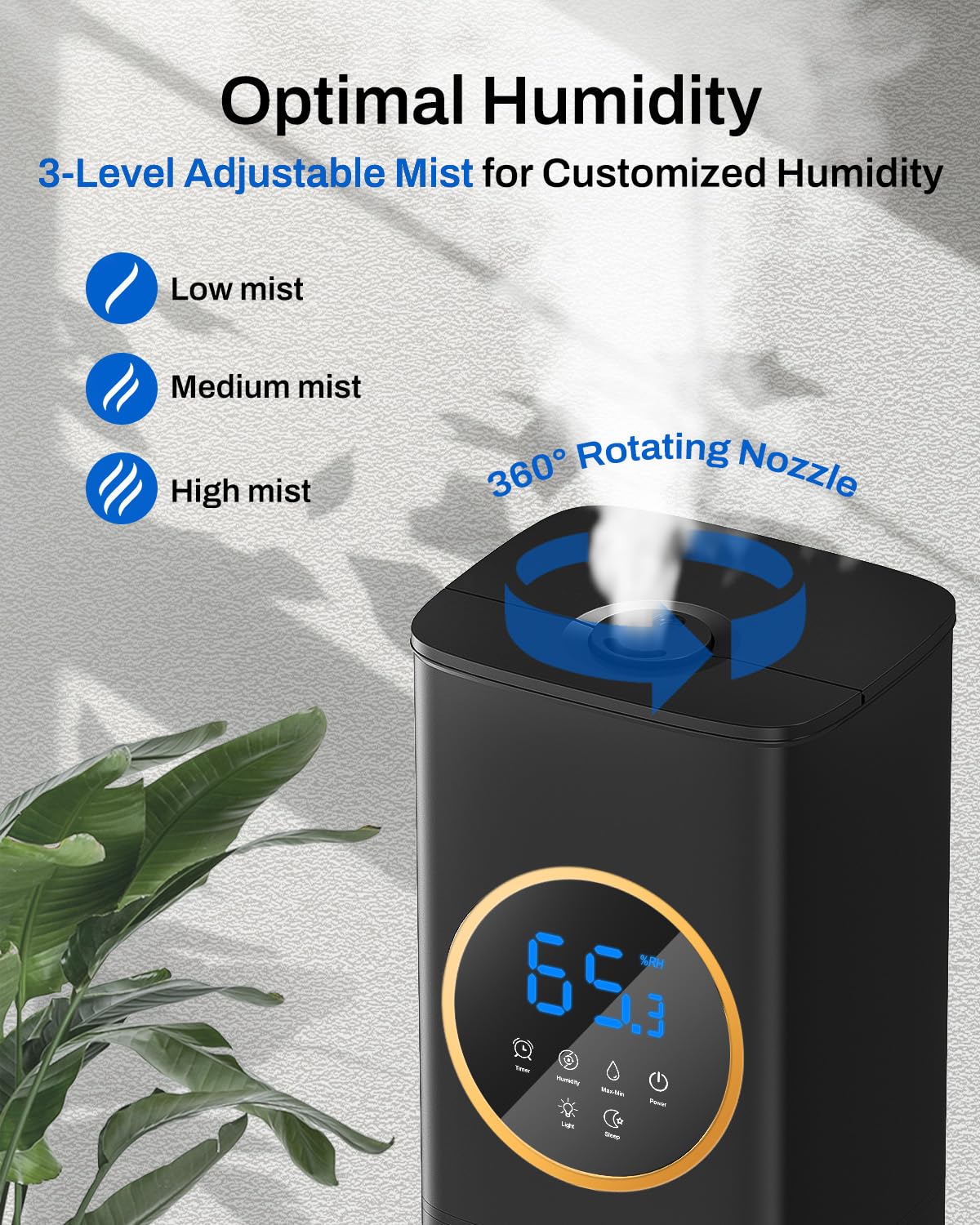 2.1Gal (8L) Large Room Cool Mist Humidifier with Essential Oil Diffuser & Night Light - Top Fill Whole House Humidifier for Bedroom, Plants, Baby, Kids & Adults (Black) | Perfect for Dry Air Relief, Nursery Care & Home Aromatherapy