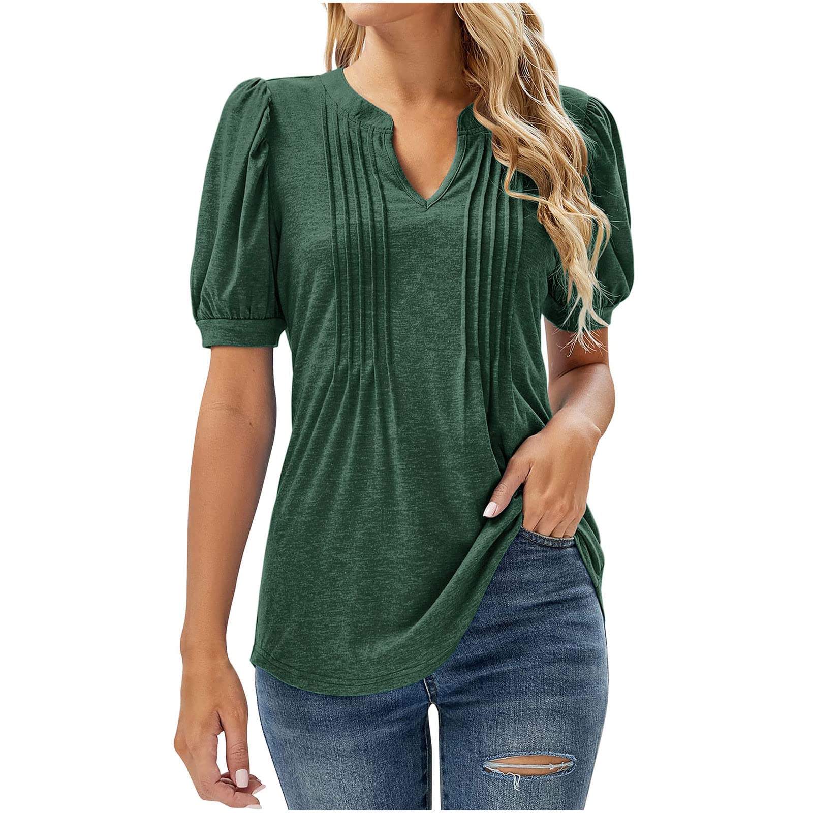 Women's Summer Tops - Solid Color V-Neck Puff Sleeve Casual T-Shirt | Vacation Tunic Blouse for Beach, Travel & Everyday Wear