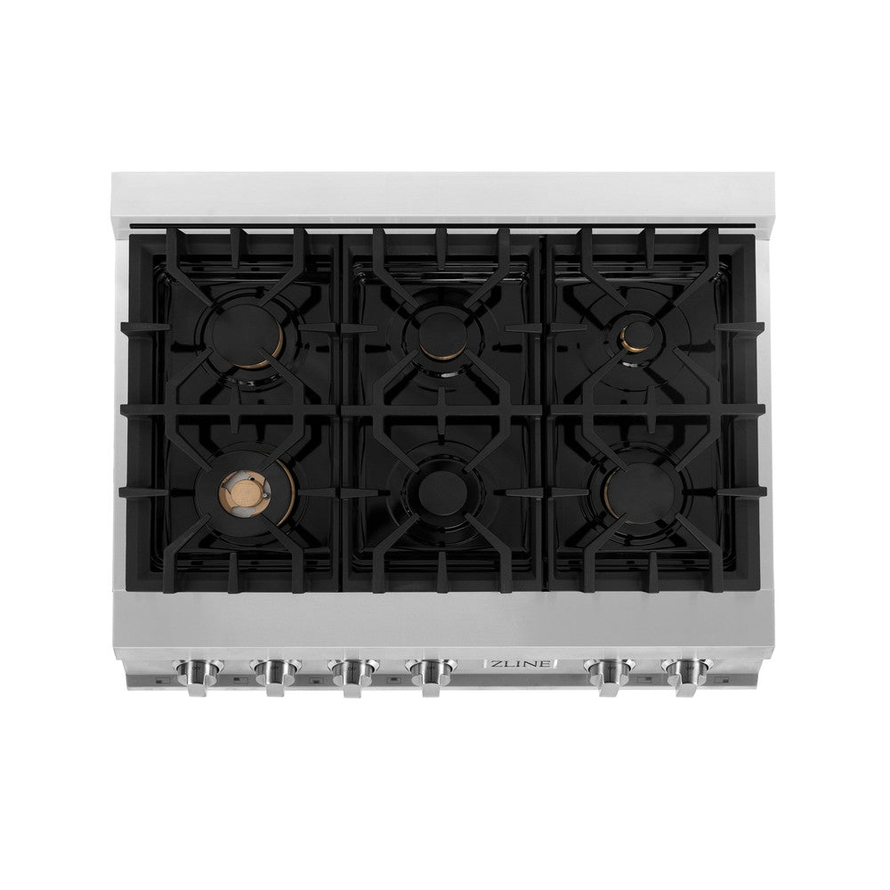 ZLINE 36 Inch Stainless Steel Gas Rangetop with 6 Brass Burners & Porcelain Cooktop - Professional Grade for Home Chefs (RT BR 36) | Perfect for Gourmet Cooking, Entertaining & Modern Kitchens