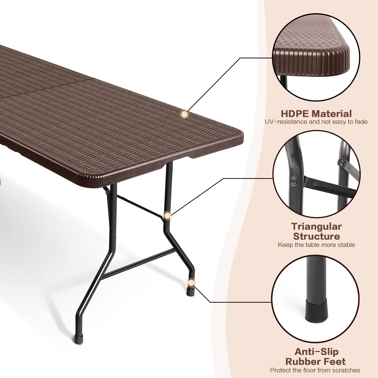 Todeco 6FT Heavy Duty Folding Table - Imitated Rattan Portable Indoor Outdoor Picnic Party Dining Camping Table with Handle, Brown - Perfect for Backyard BBQ, Beach Trips & Tailgating