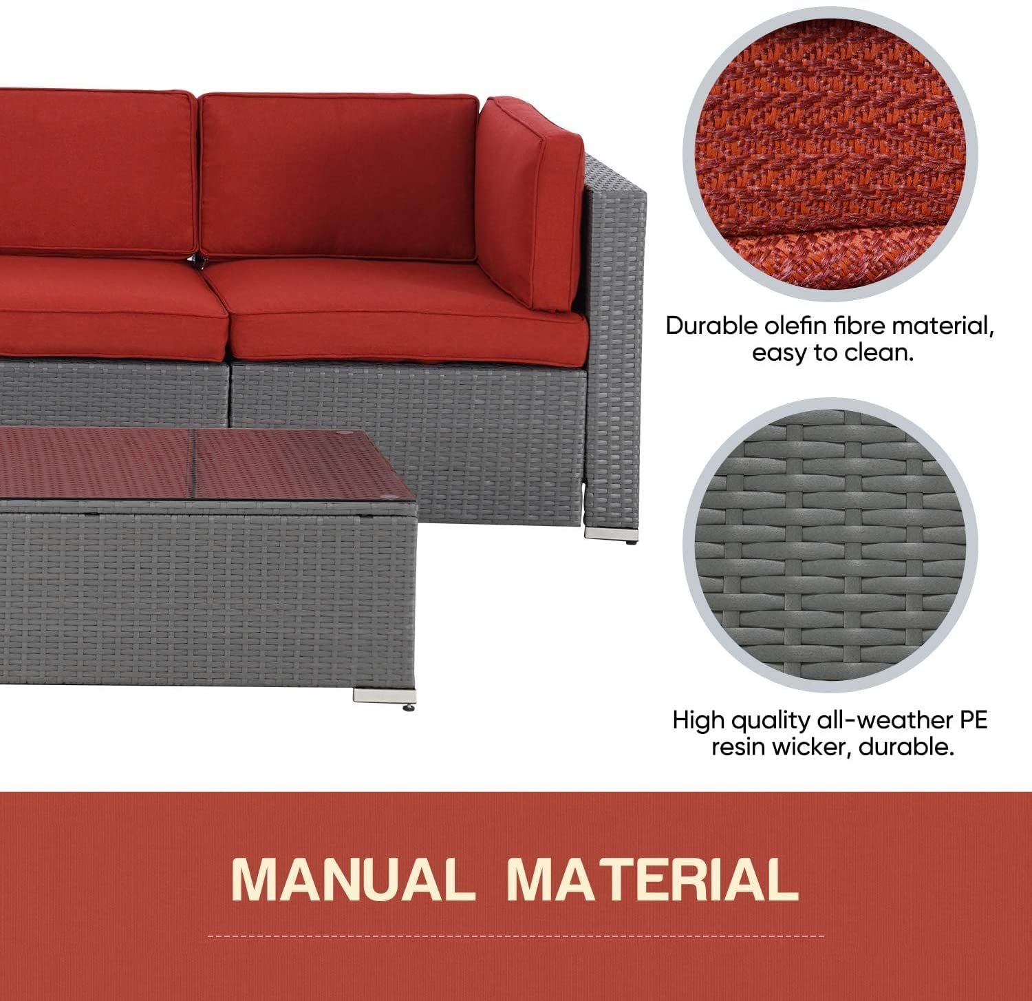 5-Piece All-Weather Outdoor Patio Furniture Set - Grey Wicker Sectional Sofa with Glass Coffee Table & Red Cushions - Perfect for Garden, Poolside, and Backyard Relaxation