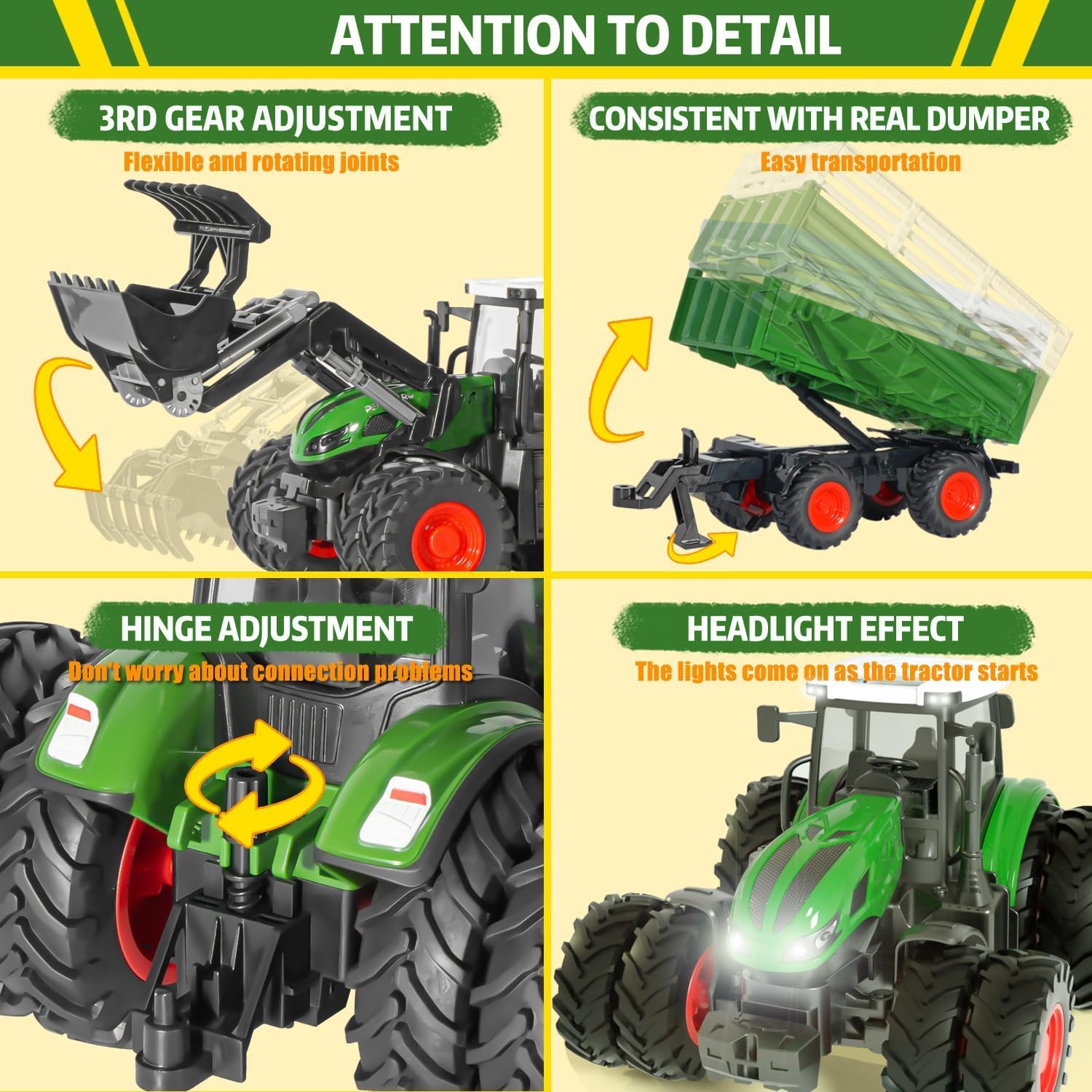 2.4GHz Remote Control Tractor Toy Set for Kids Ages 3-7 - Farm Vehicle with Trailer, Loading Arm & LED Lights - Includes Farm Animals (Cows, Sheep) & Hay Bales - Perfect for Indoor/Outdoor Play, Birthday Gifts & Educational Farm Role-Playing