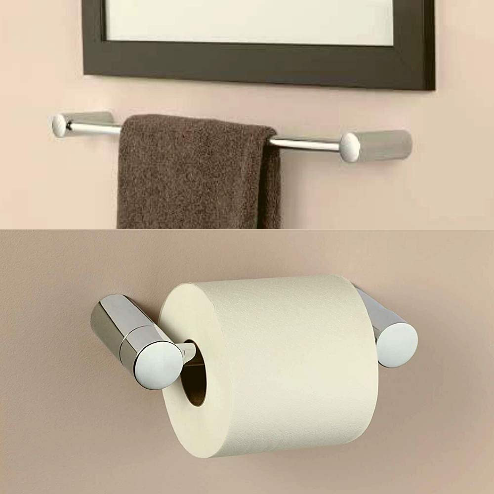 Premium 4-Piece Bathroom Hardware Set - Chrome Wood Grip Towel Bar (24