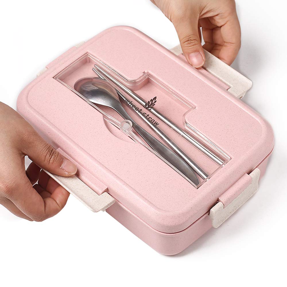 1000ML Portable Plastic Bento Box - Eco-Friendly Wheat Straw Microwave Safe Food Storage Container with Lid (Pink) | Perfect for School Lunches, Office Meals & Picnic Outings
