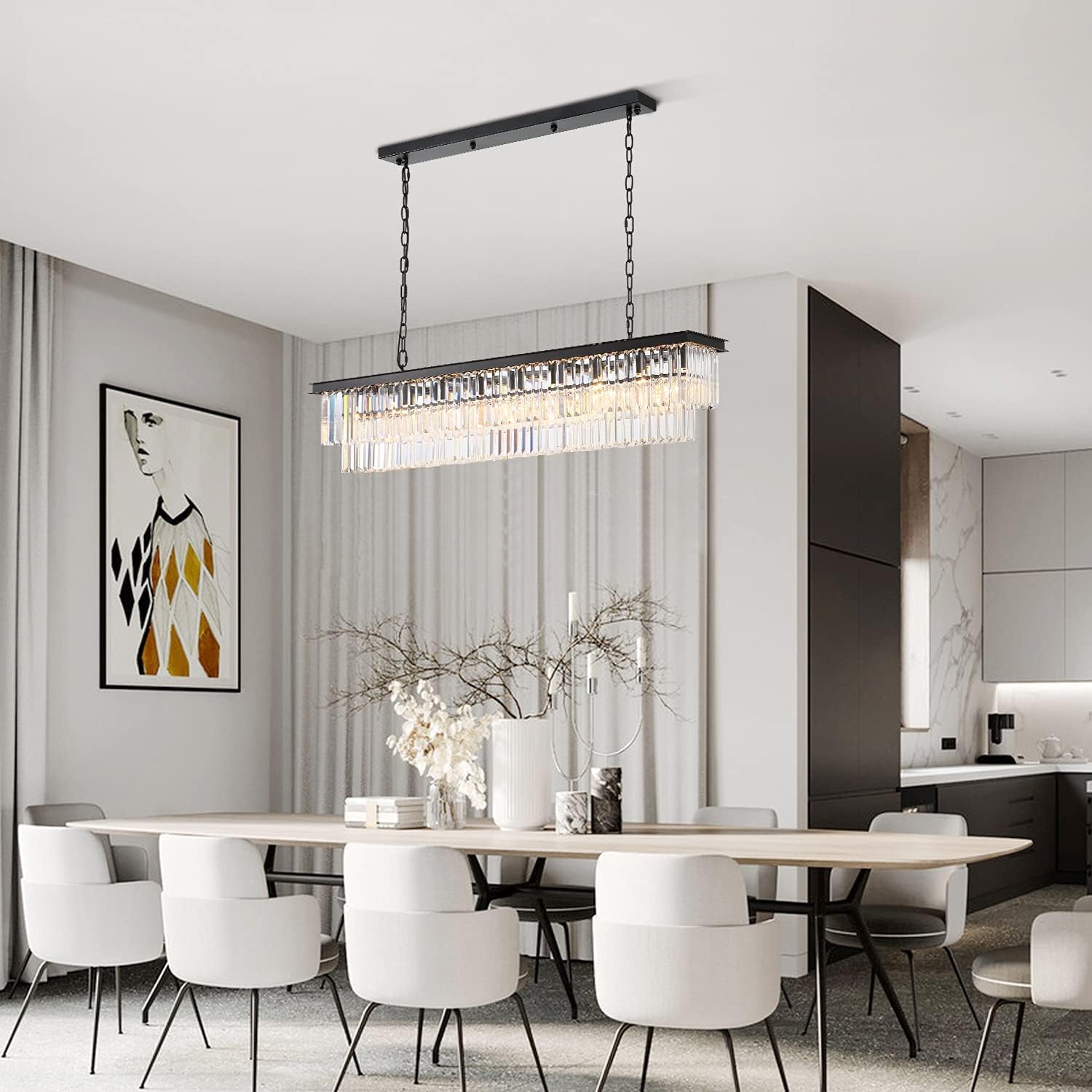 NOXARTE Modern Rectangular Crystal Chandelier - 8-Light Black Pendant Fixture for Dining Room, Kitchen Island, Bar & Living Room (47 Inch) - Elegant Lighting for Home Decor & Interior Design