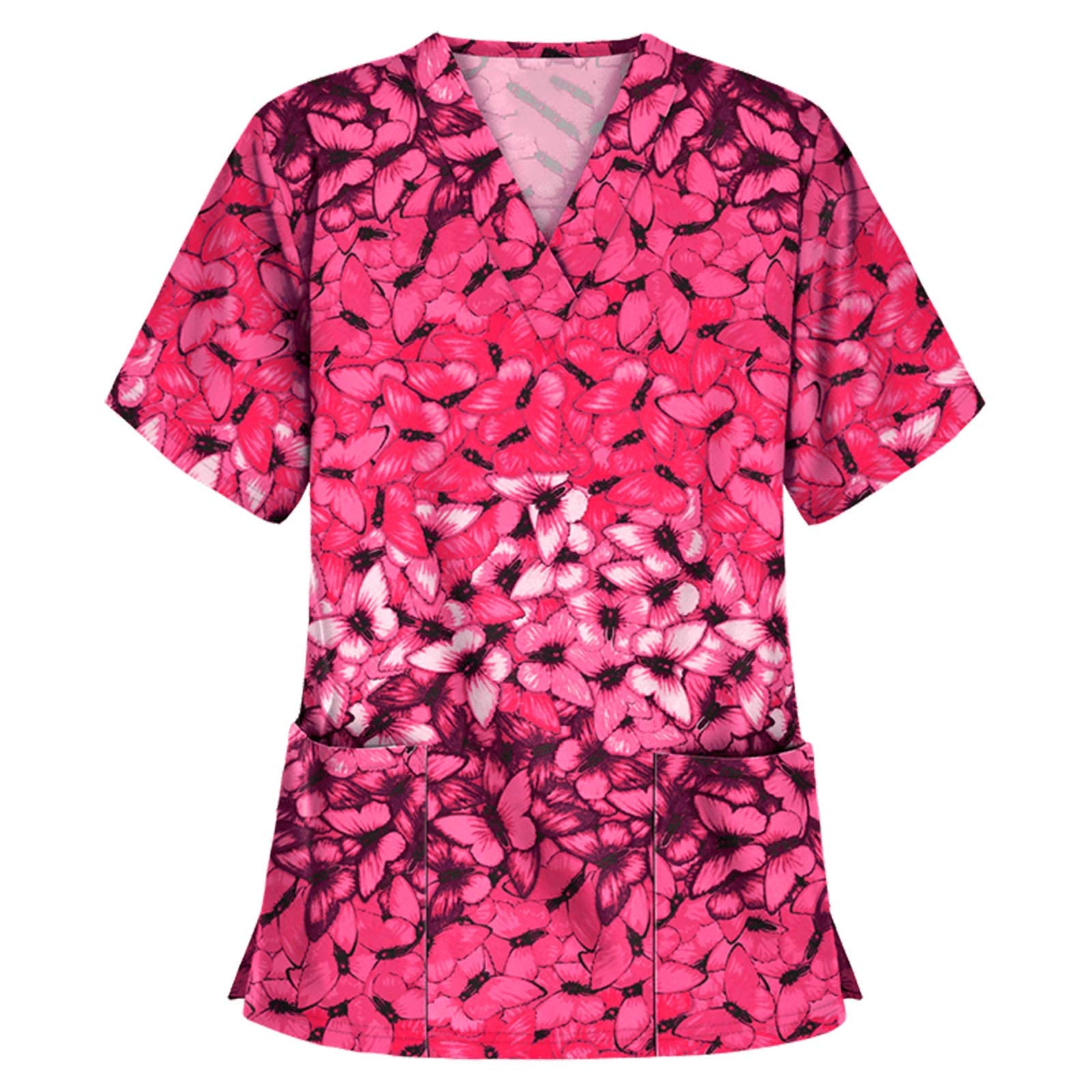 Women's Short Sleeve V-Neck Printed Scrub Tops - Comfortable Workwear Uniform Tunics for Nurses, Medical Professionals & Healthcare Workers - Perfect for Hospitals, Clinics & Healthcare Facilities