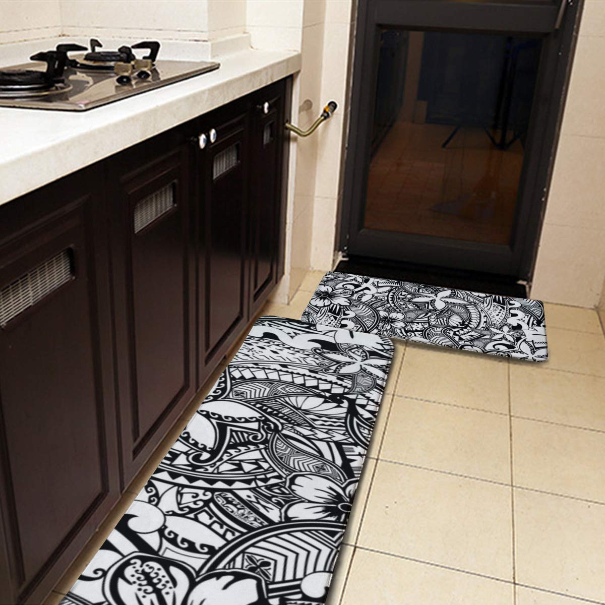 Hawaiian Polynesian Tribal Floral Print Kitchen Rug Set - 2 Piece Non-Slip Washable Indoor Mats for Kitchen, Dining Room & Entryway
