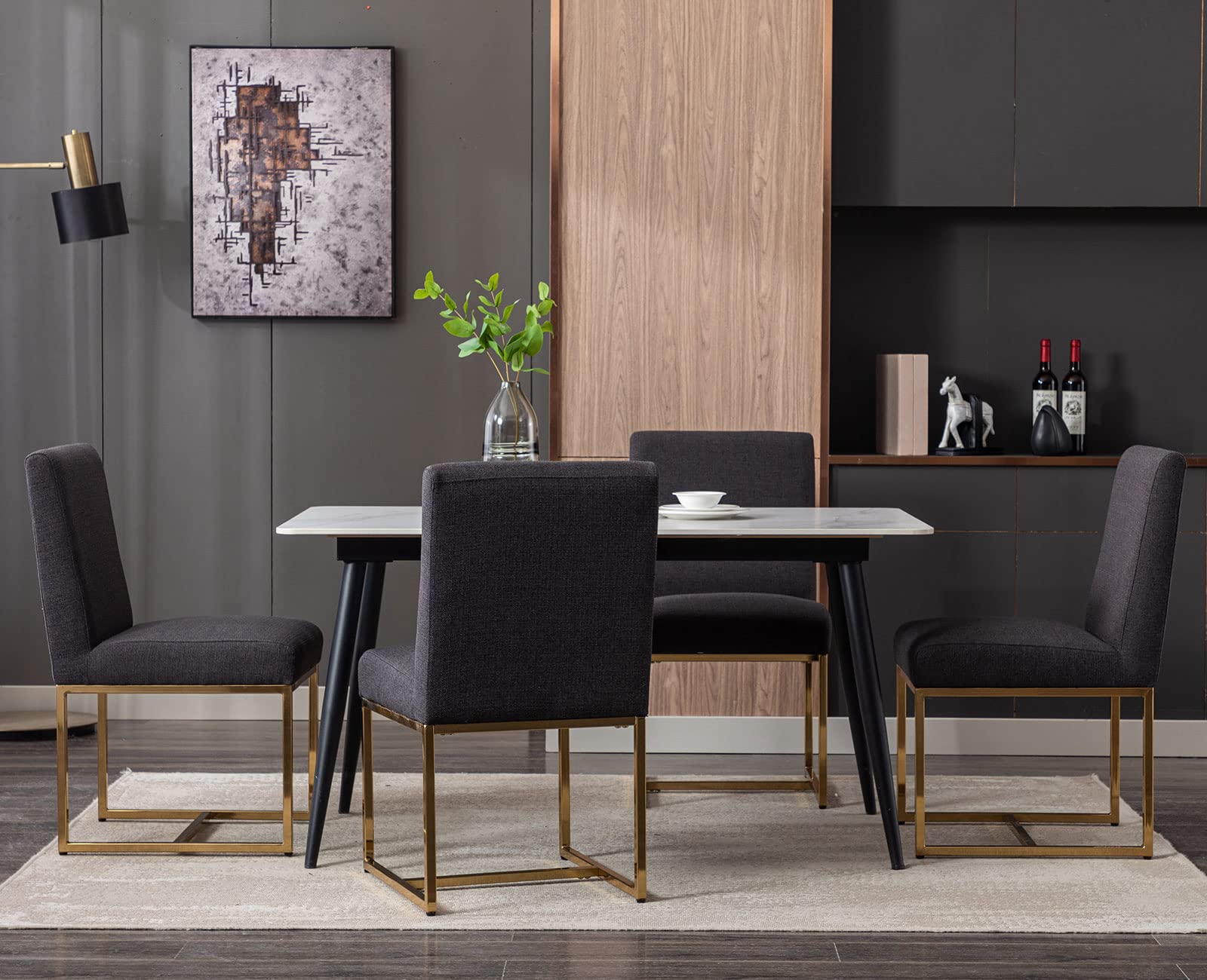 Mid Century Modern Upholstered Dining Chairs Set of 2 - Gold Metal Legs, Linen Fabric Padded Armless Side Chairs for Dining Room, Living Room & Bedroom - Comfortable Seating for Home Decor & Entertaining (Black, 2-Piece Set)