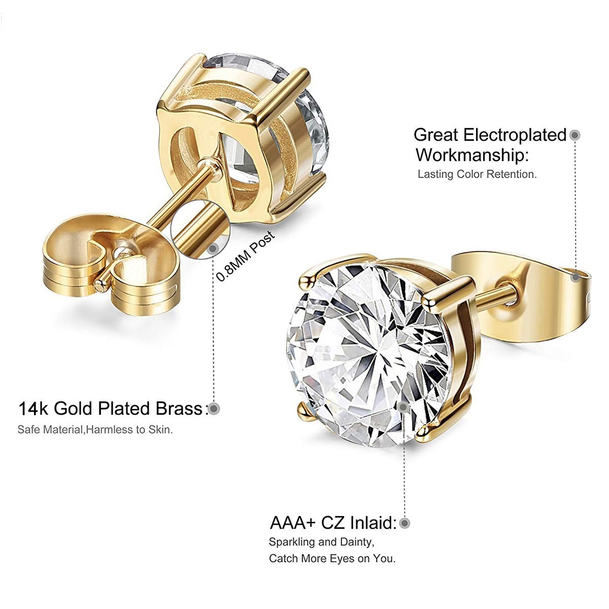 Kainier 14K Gold Plated CZ Stud Earrings for Women - Round Simulated Diamond Cubic Zirconia Earrings Set (5 Pairs) | Perfect for Everyday Wear, Gift Giving & Special Occasions
