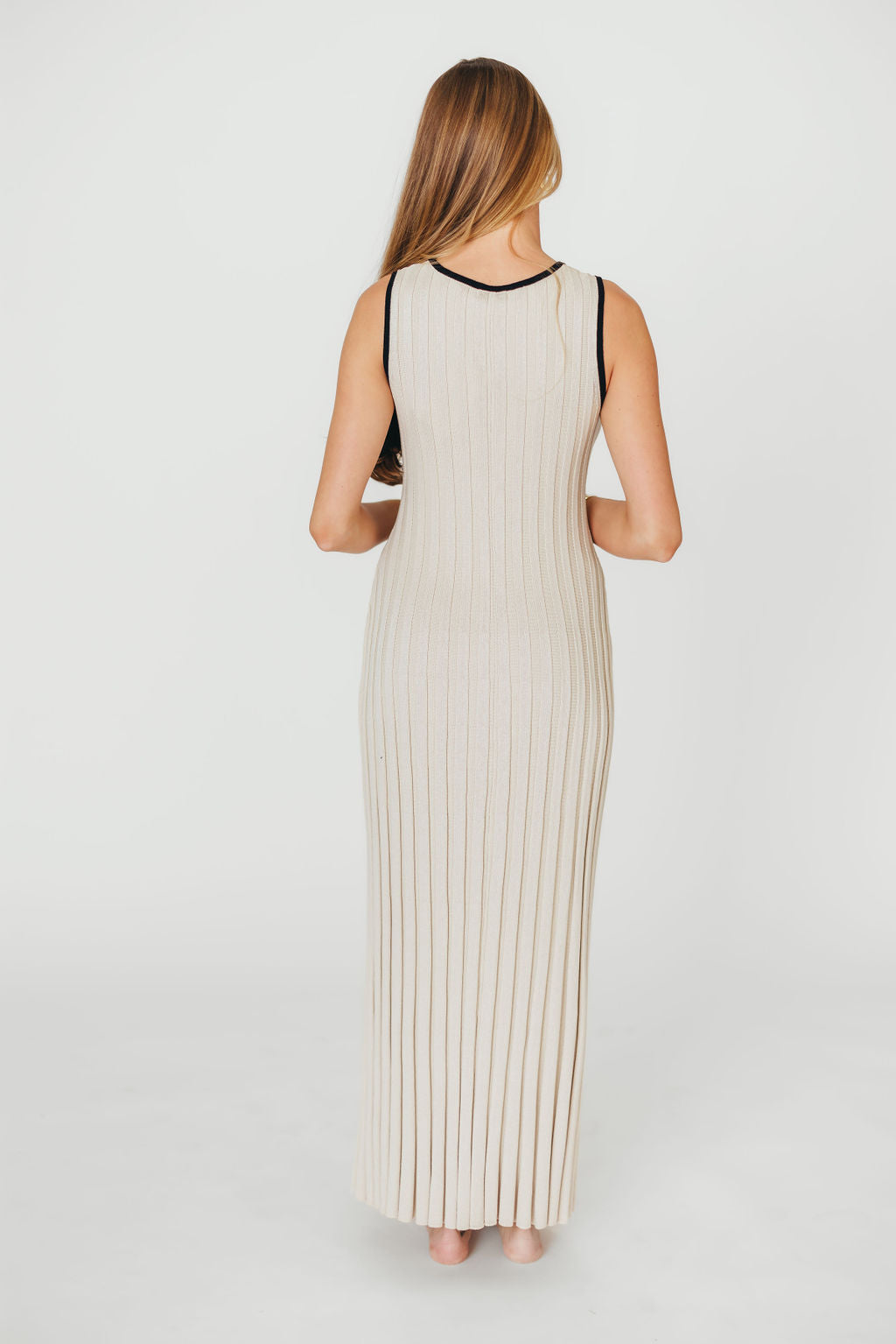 Brianne Button Down Ribbed Knit Maxi Dress in Taupe/Black - Women's Elegant Long Sleeve Bodycon Dress for Fall Winter Office Wear, Date Night & Special Occasions