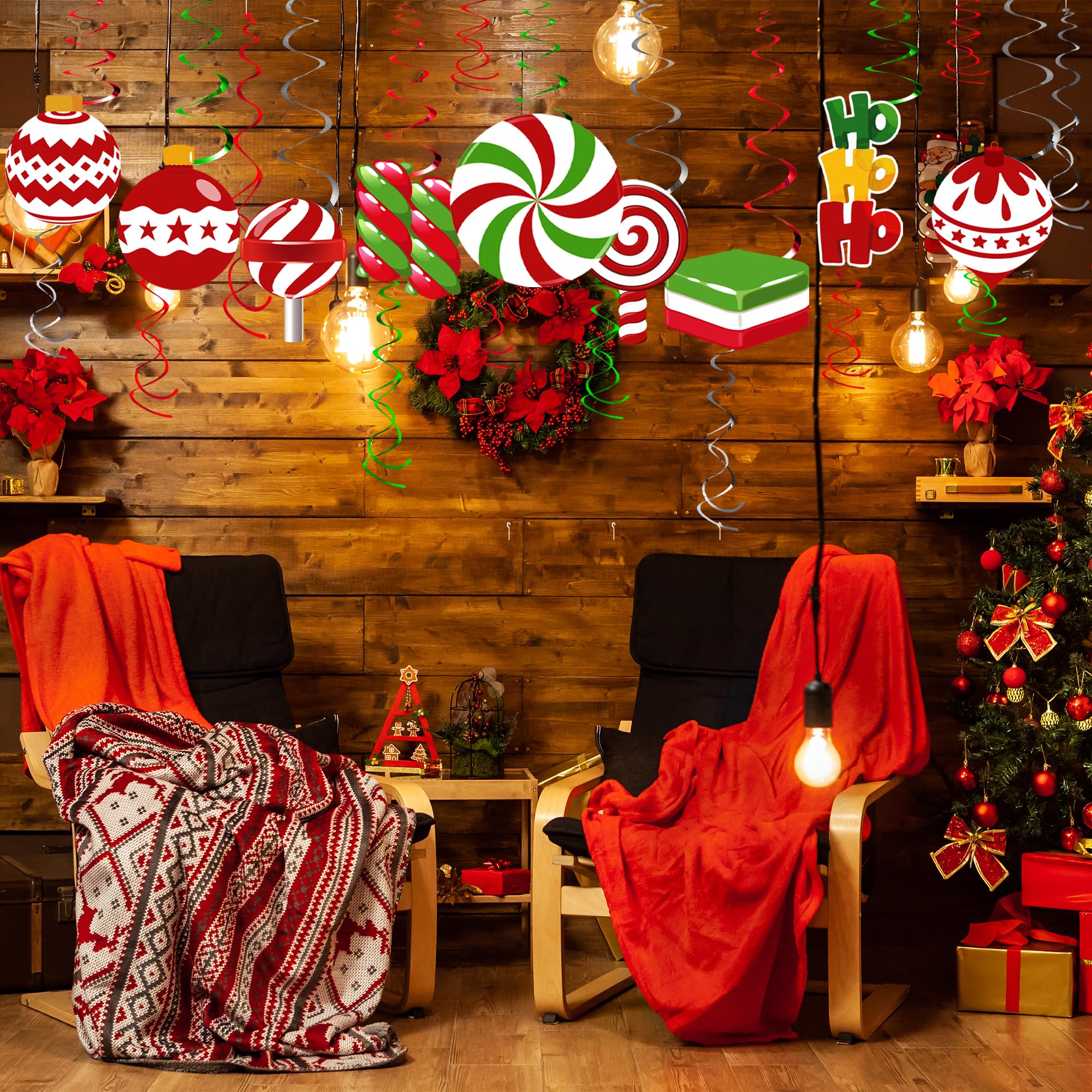 57pcs Christmas Candy Hanging Swirl Decorations - Xmas Party Ceiling Hanging Streamers, Peppermint Candy Cutouts Ornaments for Holiday Party, Classroom & Home Decor - Perfect for Christmas Tree, Gift Wrapping & Festive Celebrations