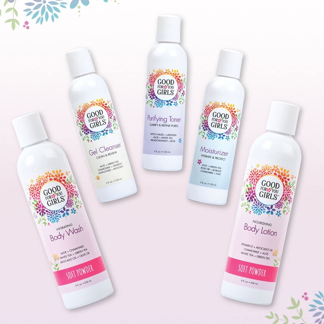 Good For You Girls Face & Body Skincare Gift Set - 5 Piece Kit with Gel Cleanser, Purifying Toner, Moisturizer, Body Wash & Lotion (Soft Powder Scent) - Perfect for Teens, Travel & Daily Skincare Routine