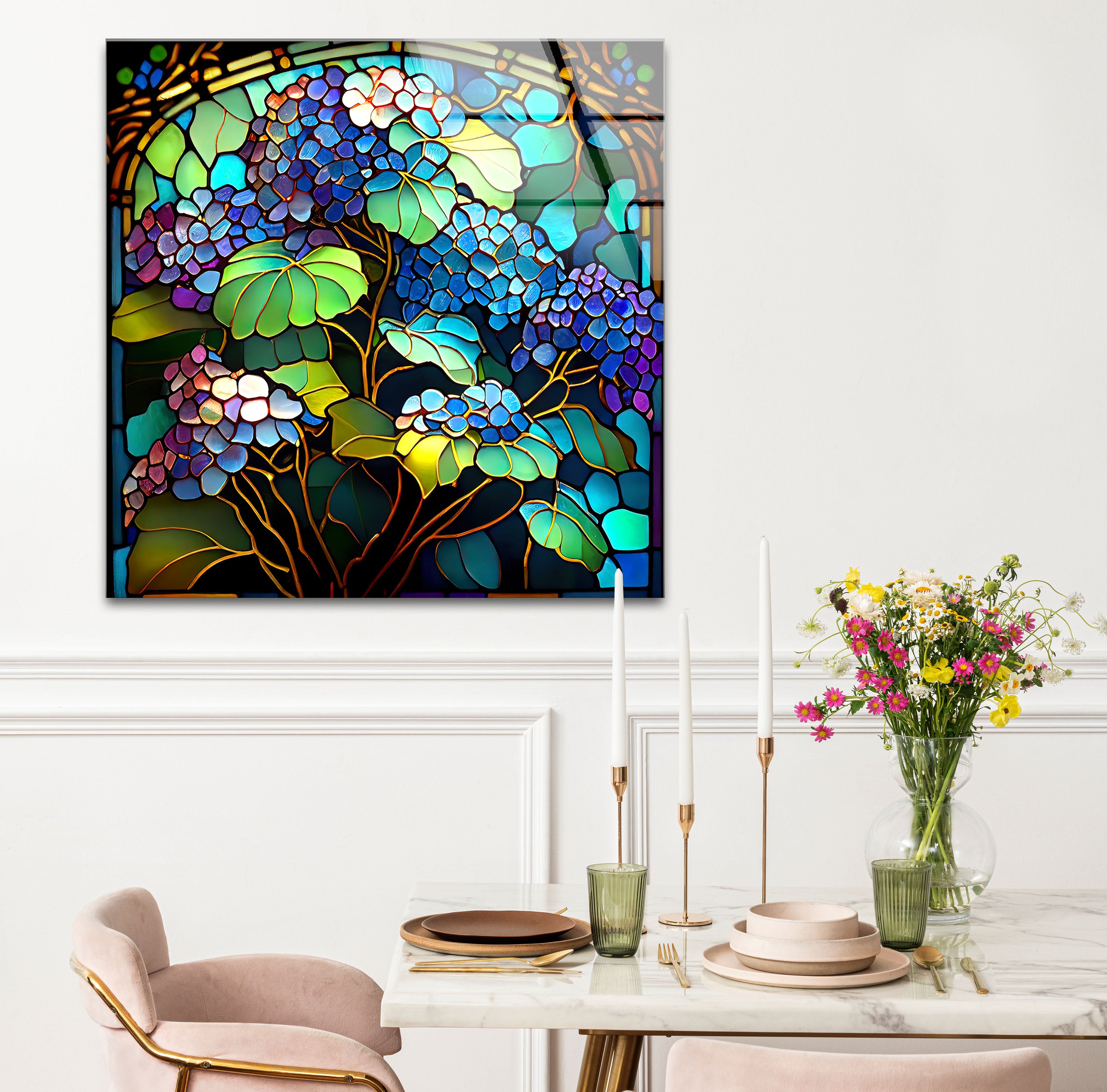 Blue Hydrangea Stained Glass Wall Art - Vertical Floral Glass Print for Home Decor, Church, Wedding & Office | Handmade Glass Painting Gift for Women