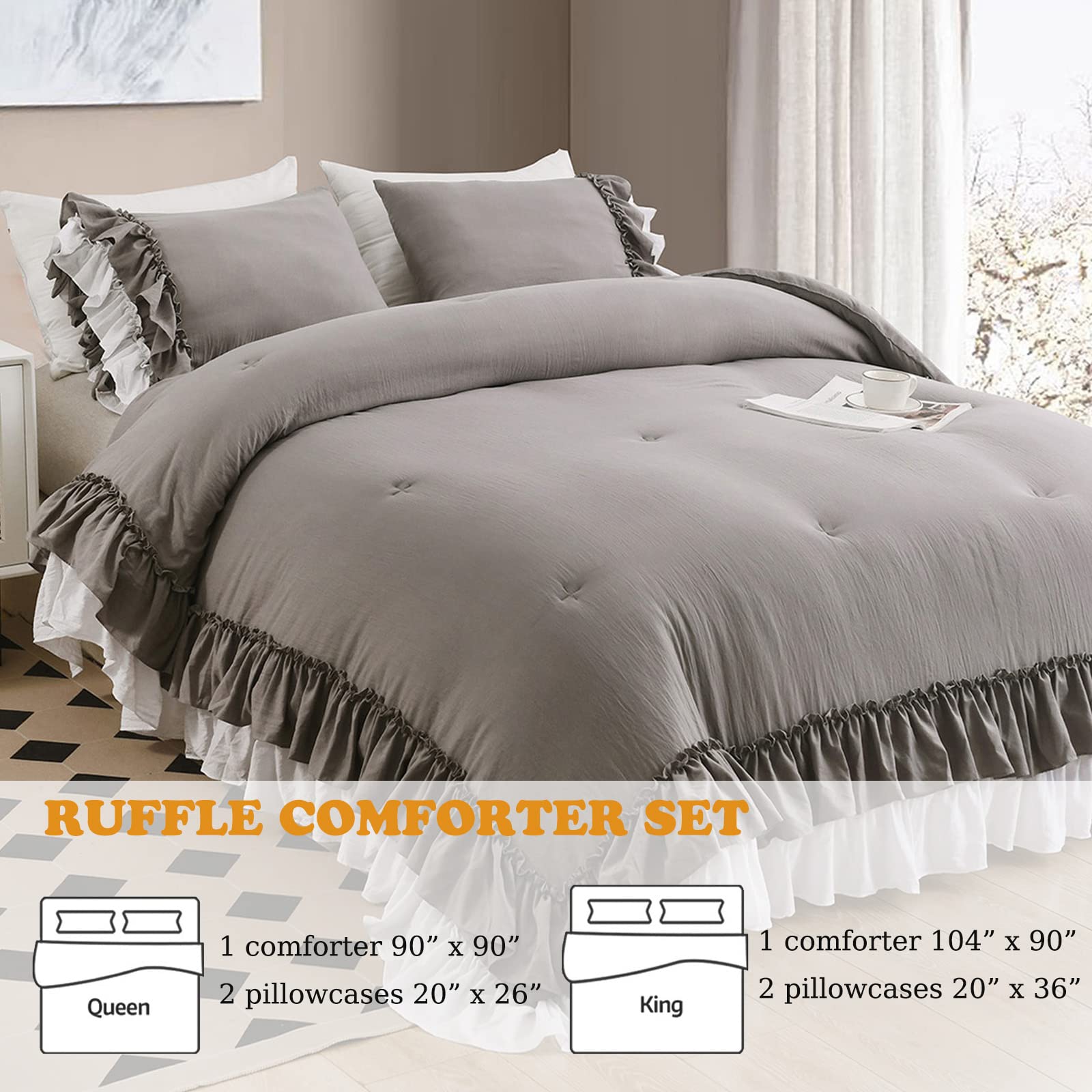 Masaca Ruffle Queen Comforter Set - Grey White Shabby Chic Boho Farmhouse Bedding with 1 Comforter & 2 Pillowcases for Cozy Bedroom Decor | Perfect for Guest Rooms, Master Bedrooms & Airbnb Stays
