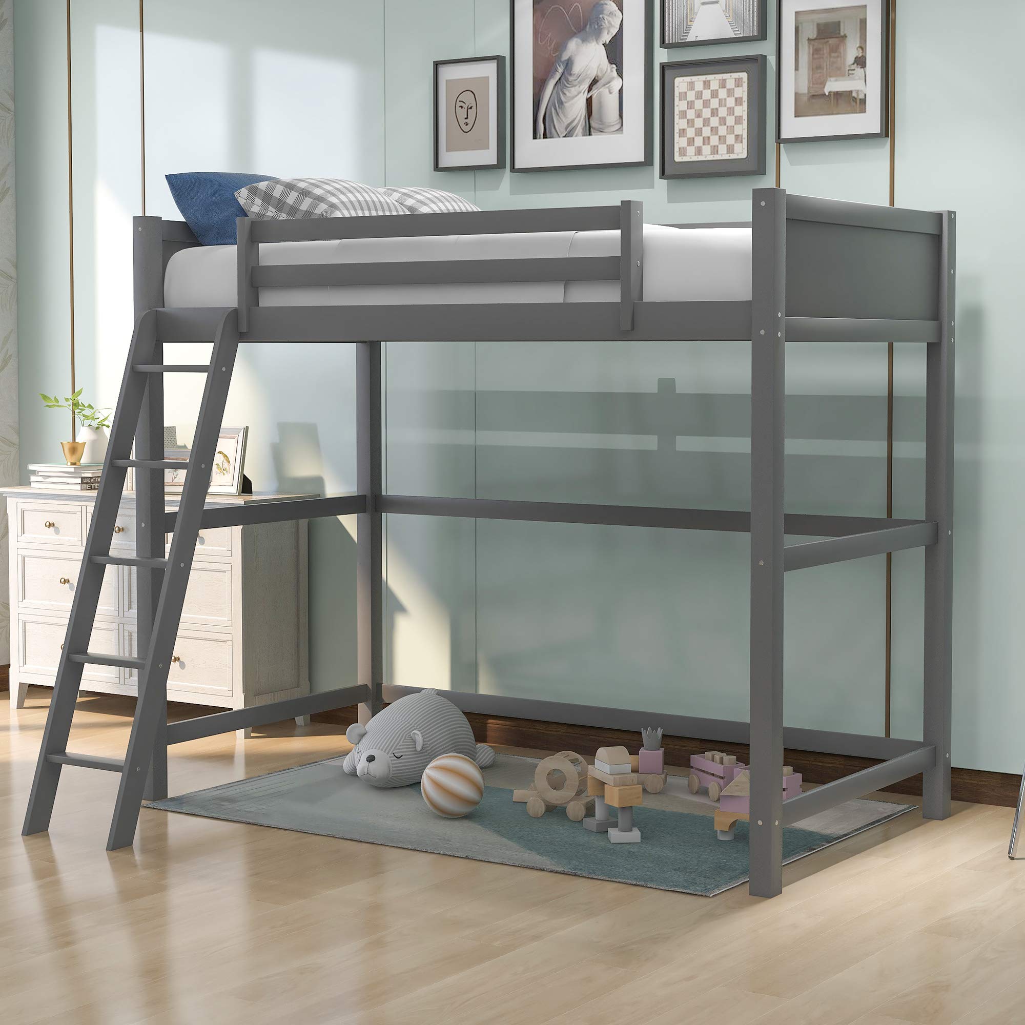 Solid Wood Twin Size Loft Bed with Angled Ladder for Kids - Sturdy Underbed Storage Space, No Box Spring Needed (Gray) - Perfect for Small Bedrooms, Dorm Rooms & Space-Saving Kids' Furniture
