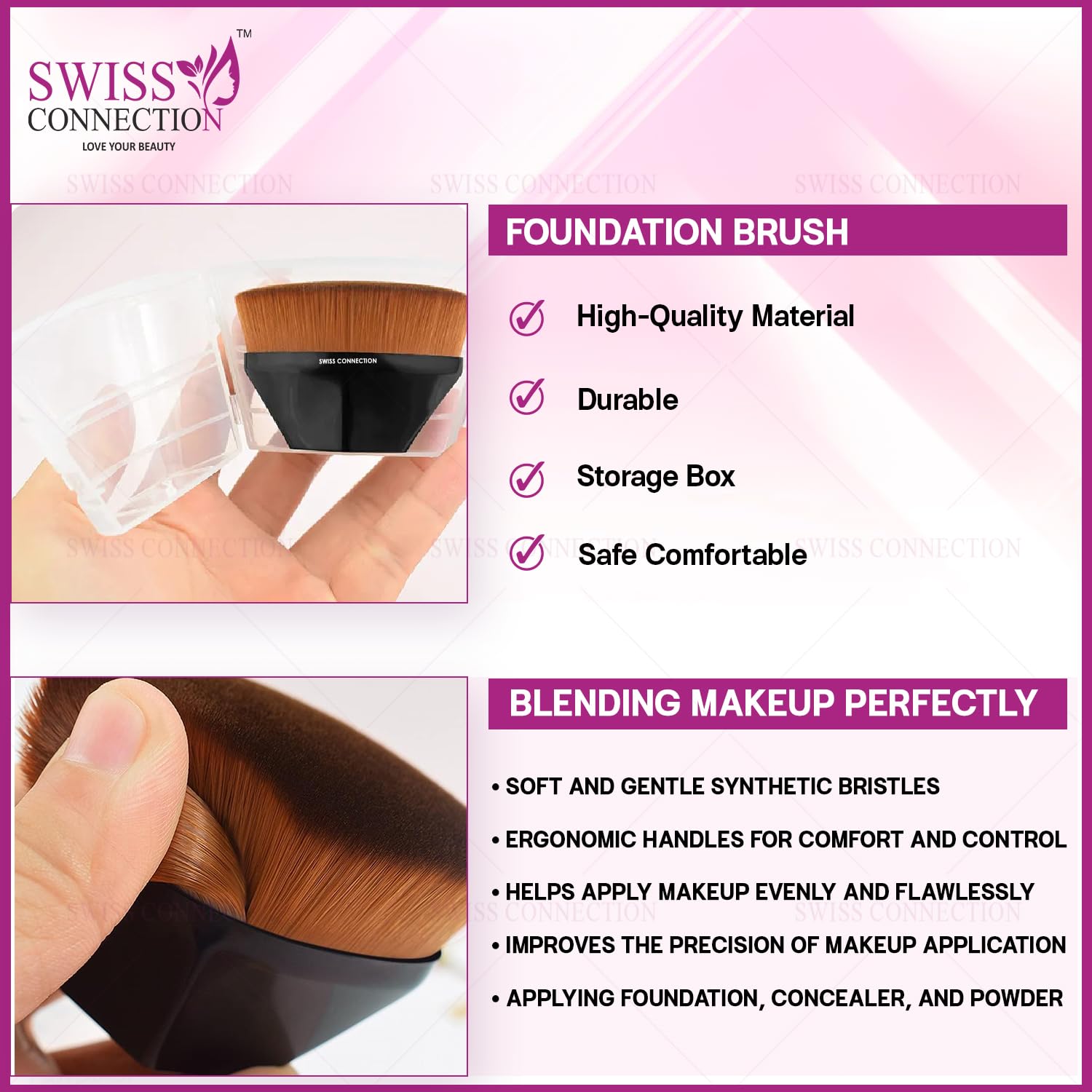 Swiss Connection Professional Blush Brush for Makeup - Soft Synthetic Foundation Brush for Liquid, Powder & Cream Blush Application - Perfect for Blending & Flawless Finish - Ergonomic Non-Slip Grip Handle (Pack of 1) - Ideal for Daily Makeup Routine & Professional Makeup Artists
