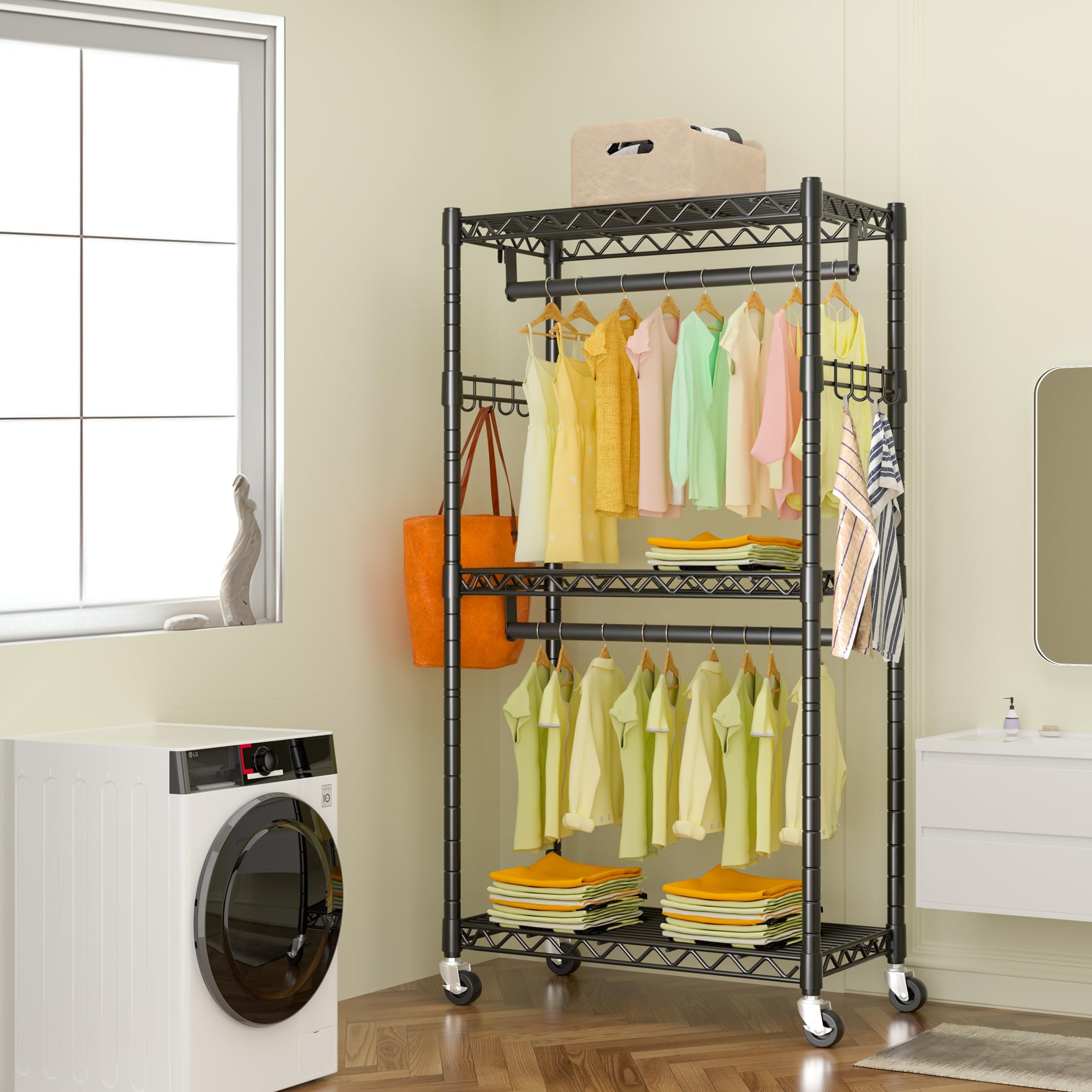 GIOTORENT G12 Heavy Duty Rolling Garment Rack - 3-Tier Metal Clothes Rack with Double Rods & Hooks, Freestanding Wardrobe Organizer (450 lbs Capacity, Black) - Perfect for Home Closet Organization, Retail Store Displays & Portable Clothing Storage