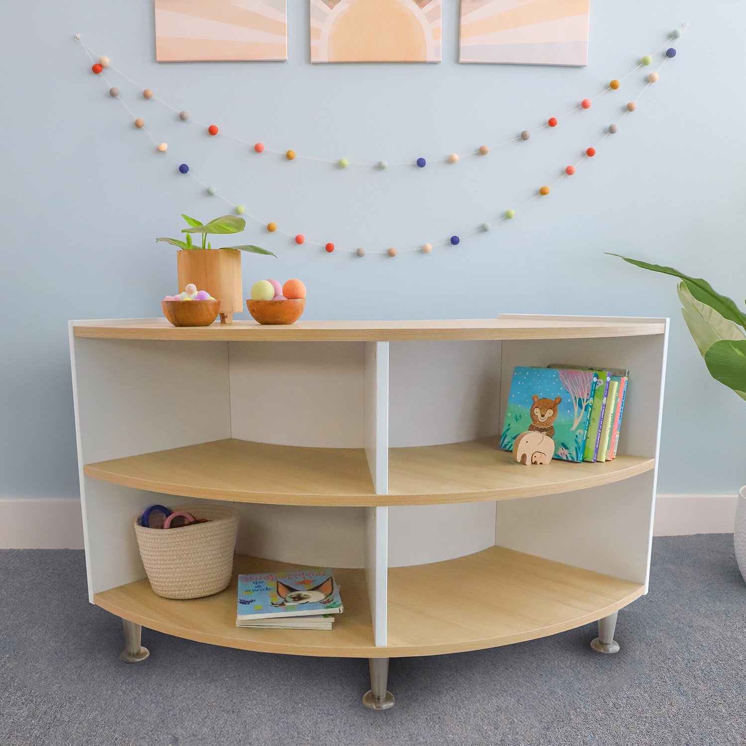 Elevated™ Curve-In Storage Cabinet 27H - Modern Wooden Organizer with Adjustable Shelves for Home Office, Living Room, or Bedroom Storage Solutions