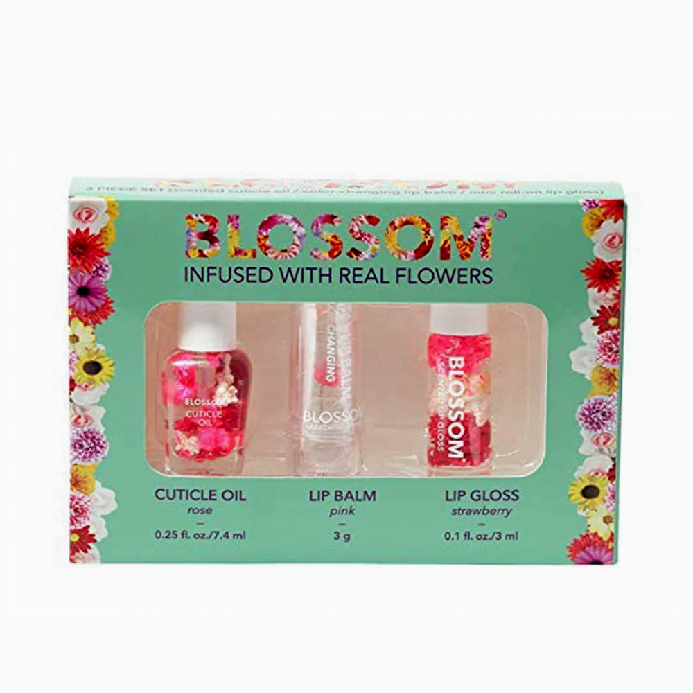 Blossom Scented Cuticle Oil & Color Changing Lip Balm Mini 3-Piece Set - Nourishing Nail & Lip Care Kit for Dry Hands, Perfect for Travel, Gifts & Daily Beauty Routine