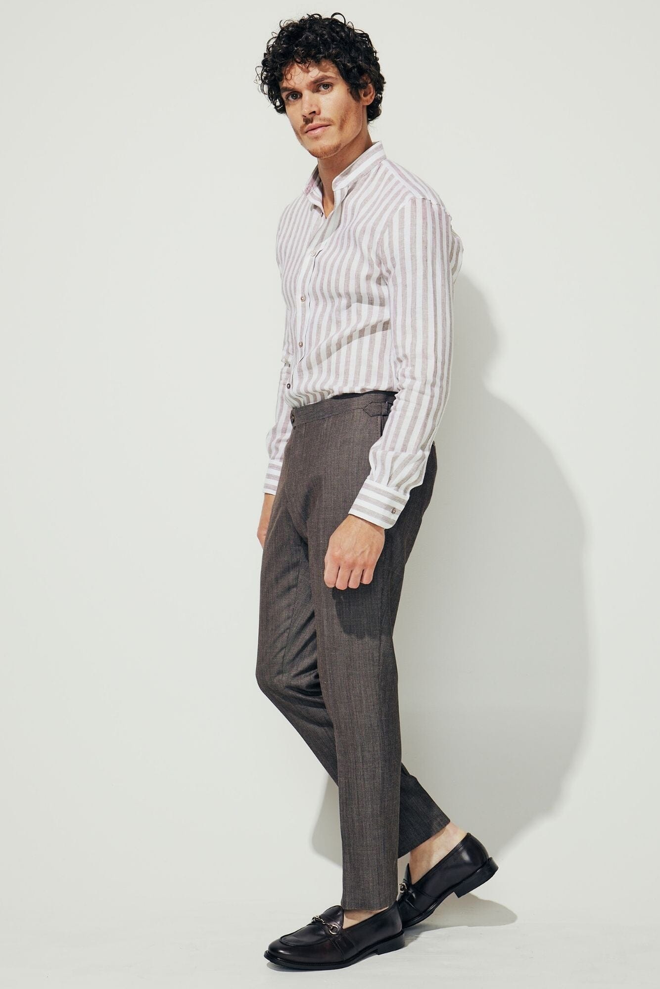 Marcello Stand Collar Linen Shirt - Brown & Natural Stripes | Casual & Business Wear for Men | Perfect for Office, Date Night & Summer Outings