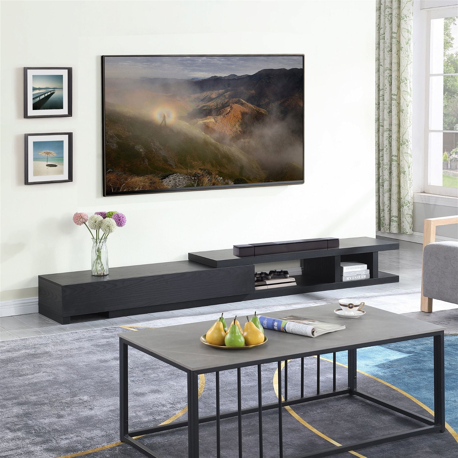Criterion Coventry Extendable TV Stand 279cm - Black Oak Entertainment Center for Living Room, Home Theater & Media Storage