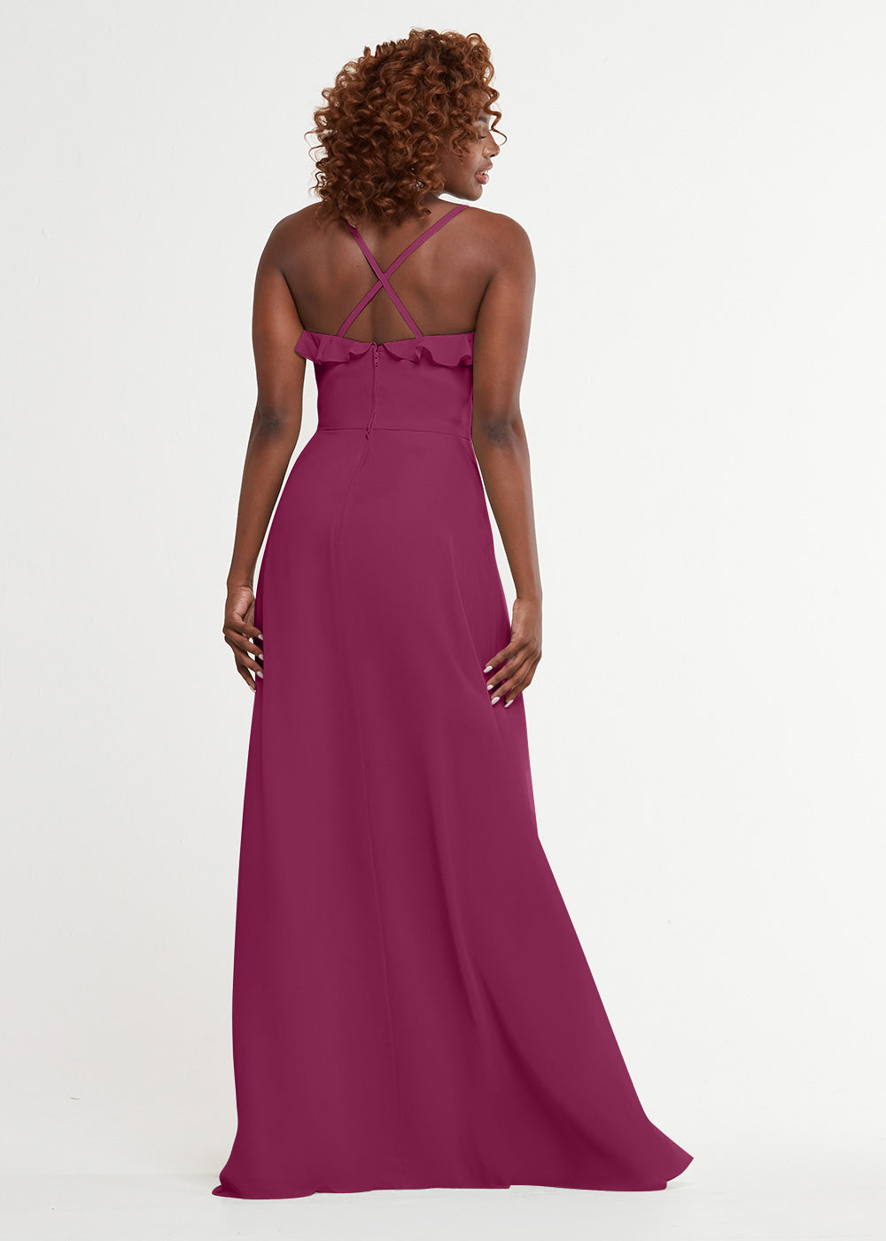 Elegant 80174 Chiffon A-Line Bridesmaid Dress with Ruffles & High Slit - Perfect for Weddings, Formal Events & Prom - Plus Size Options Available