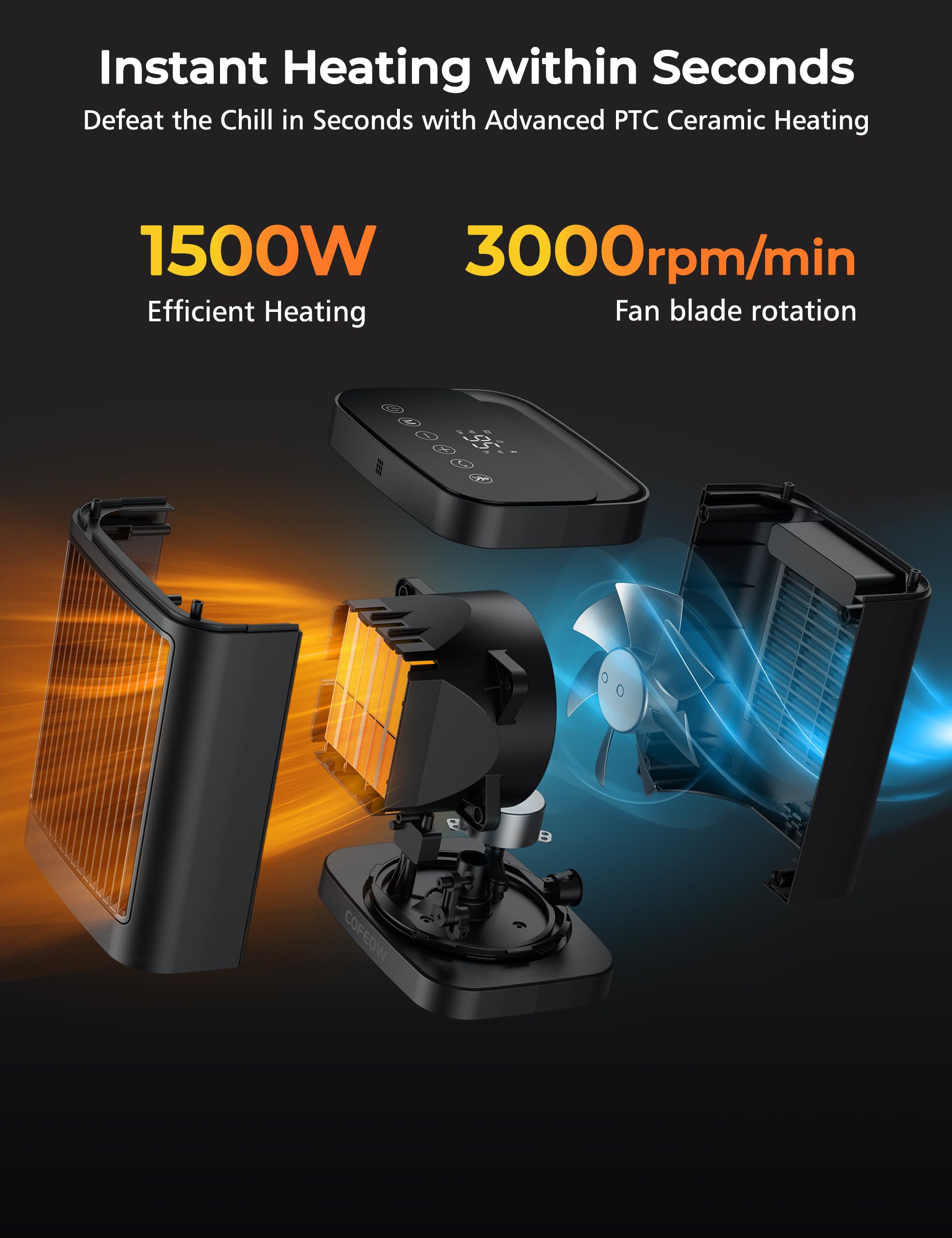 1500W Ceramic Space Heater with Motion Sensor & Remote - Portable Electric Heater for Large Rooms, Bedroom, Office, Garage - Oscillating, Timer, Thermostat - Ideal for Winter Heating & Energy Saving