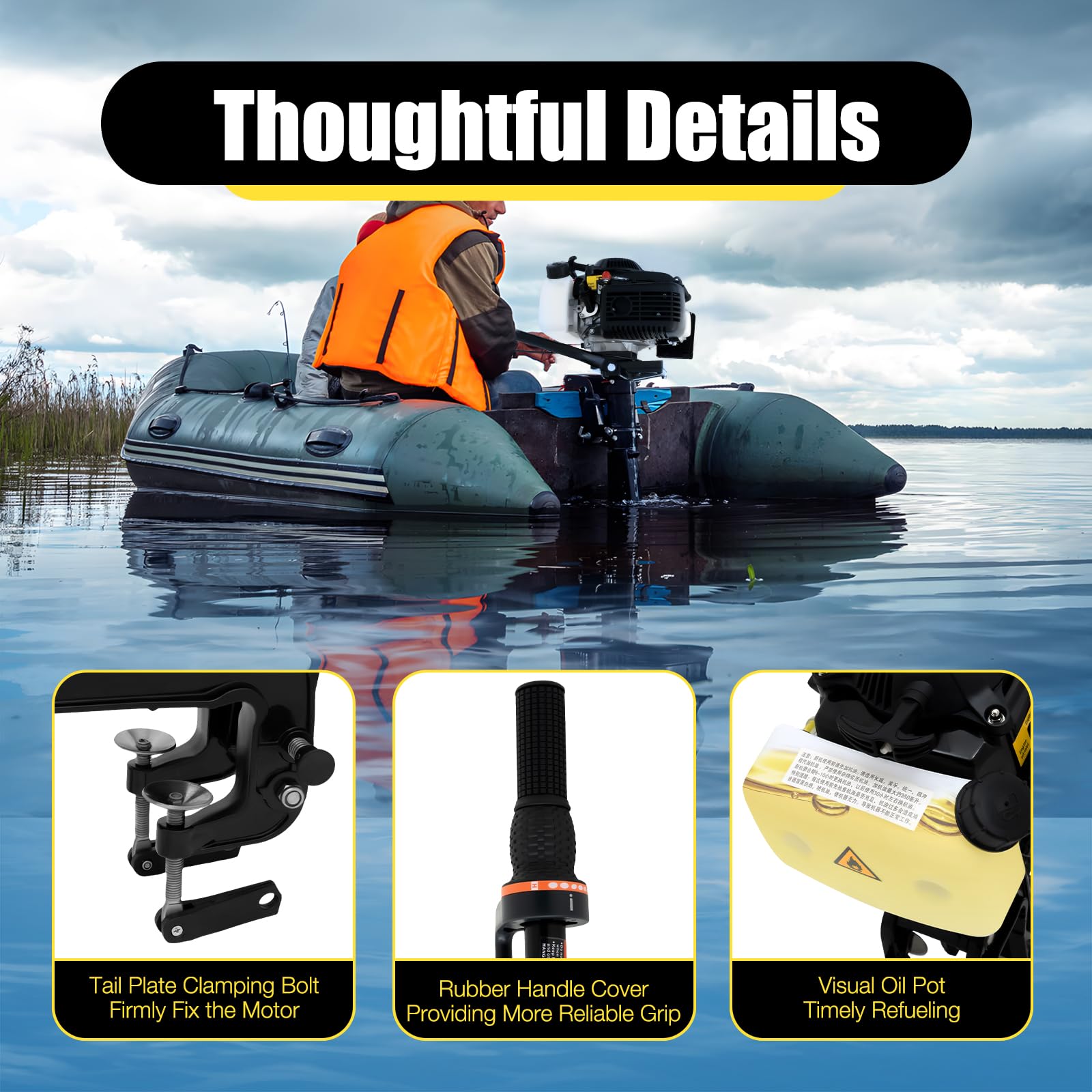 TBVECHI 4HP 4-Stroke Outboard Motor Engine - 52CC Manual Start, Air Cooling & Capacitor Discharge Ignition - Perfect for Fishing Boats, Small Watercraft & Marine Adventures