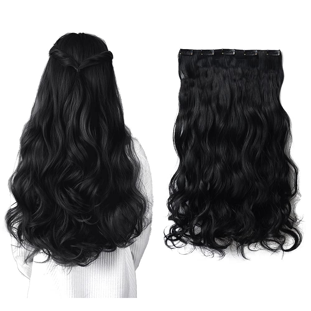 BLUSHIA 24 Inch Human Hair Extensions for Women - 5 Clips 3/4 Head Wavy/Curly Black Hair Piece for Instant Length & Volume - Perfect for Parties, Weddings & Daily Styling