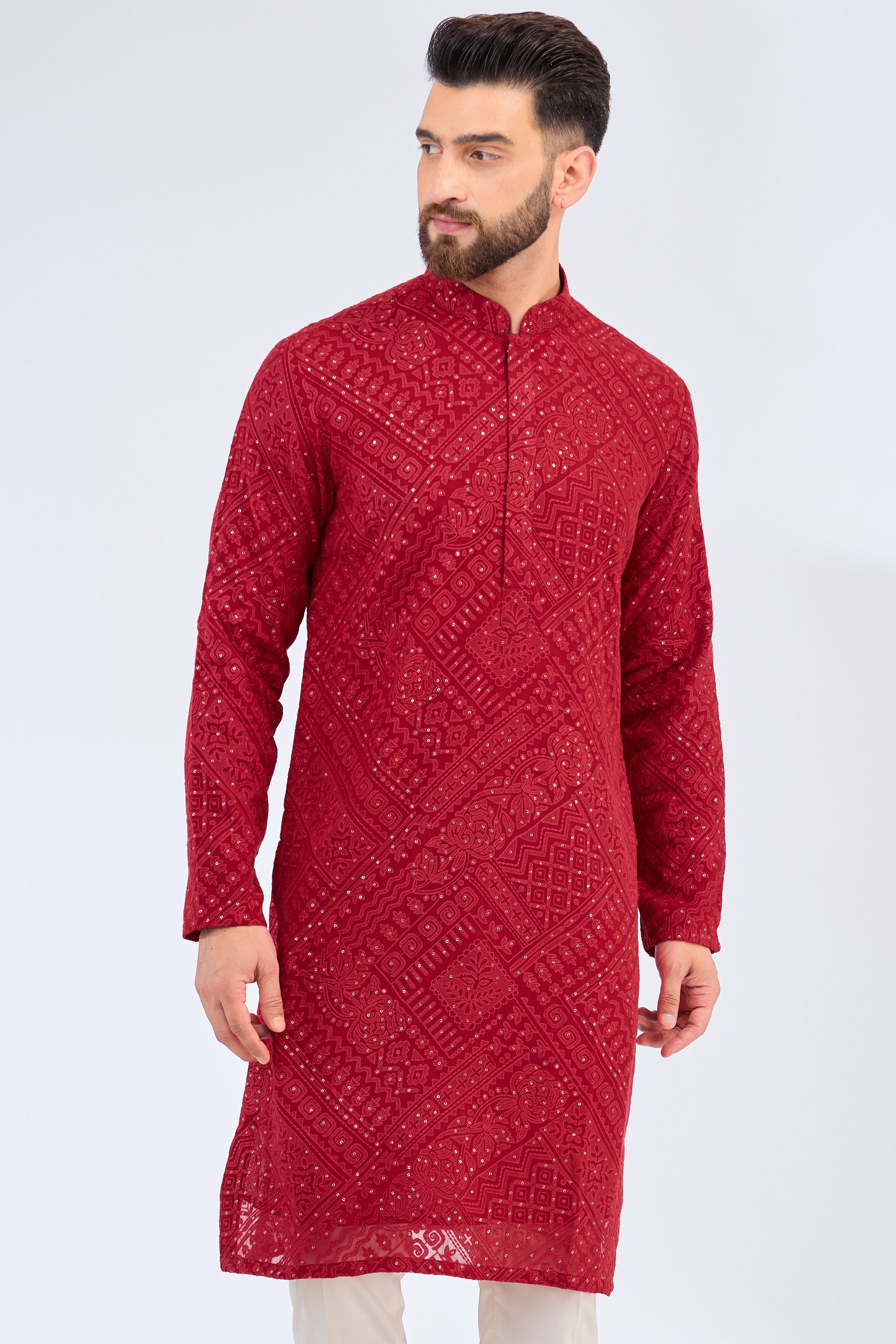 Red Chikankari Kurta with Tone-on-Tone Thread Work & Sequins - Elegant Indian Embroidered Tunic for Women - Perfect for Festivals, Weddings & Special Occasions