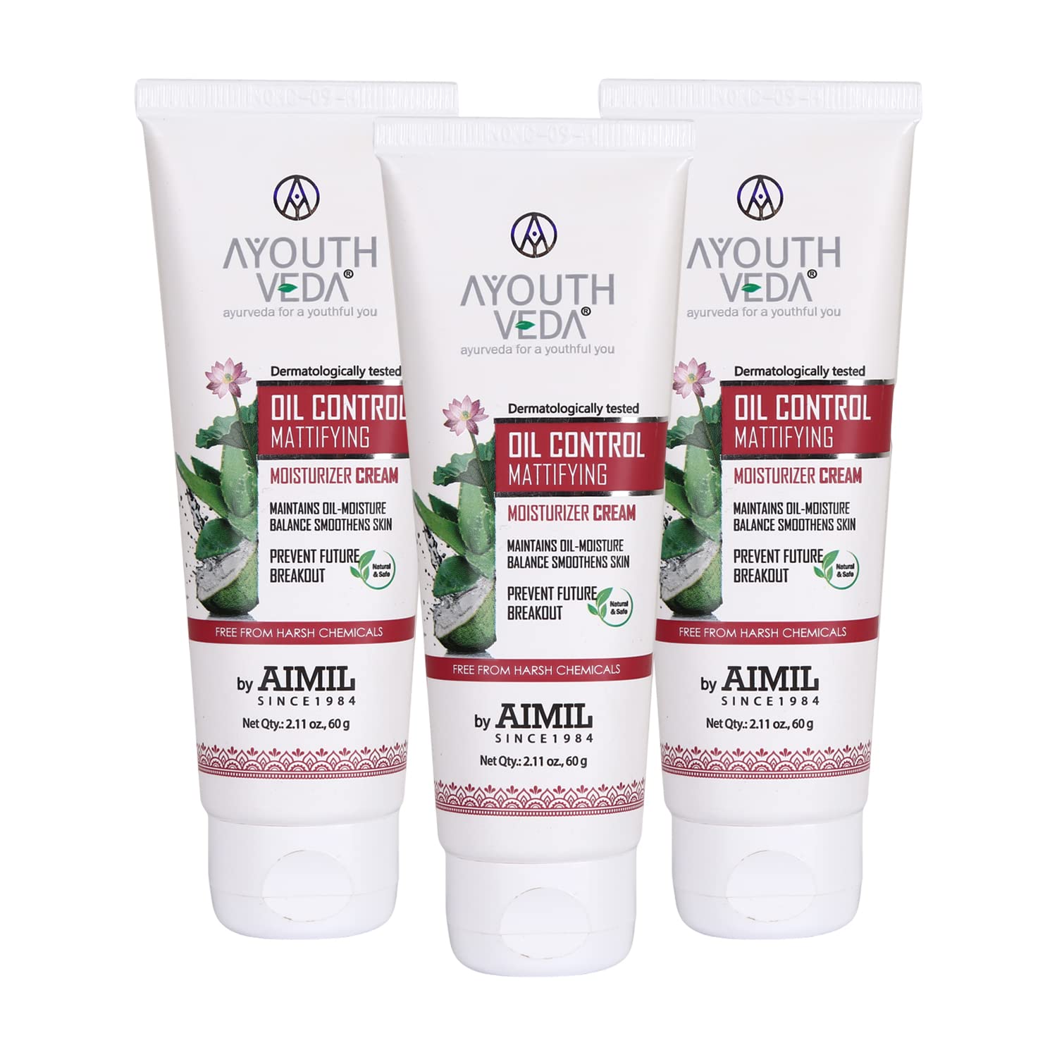Ayouthveda Oil Control Mattifying Moisturizer Cream for Oily & Acne-Prone Skin - Green Tea, Aloe Vera & Coconut Water Formula to Reduce Redness & Breakouts | Hydrating Face Moisturizer for Men & Women | Pack of 3 (60g Each) | Perfect for Daily Skincare Routine & Travel