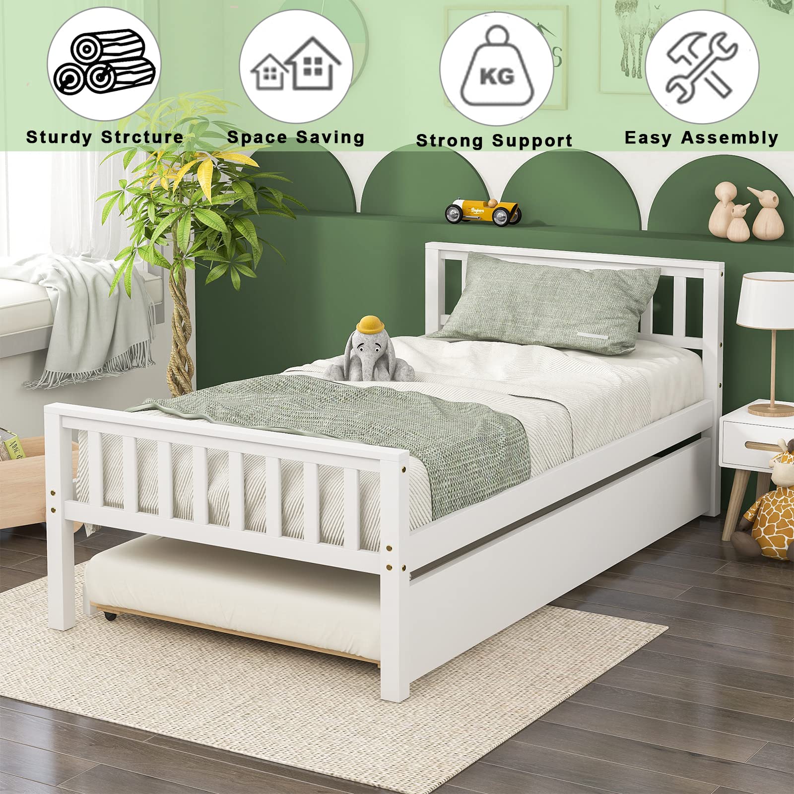KINFFICT Solid Pine Wood Twin Platform Bed Frame with Trundle - Sturdy Daybed with Headboard & Footboard, 10 Thick Slats for Strong Support (No Box Spring Needed) - Perfect for Kids' Rooms, Guest Rooms & Small Spaces (White)