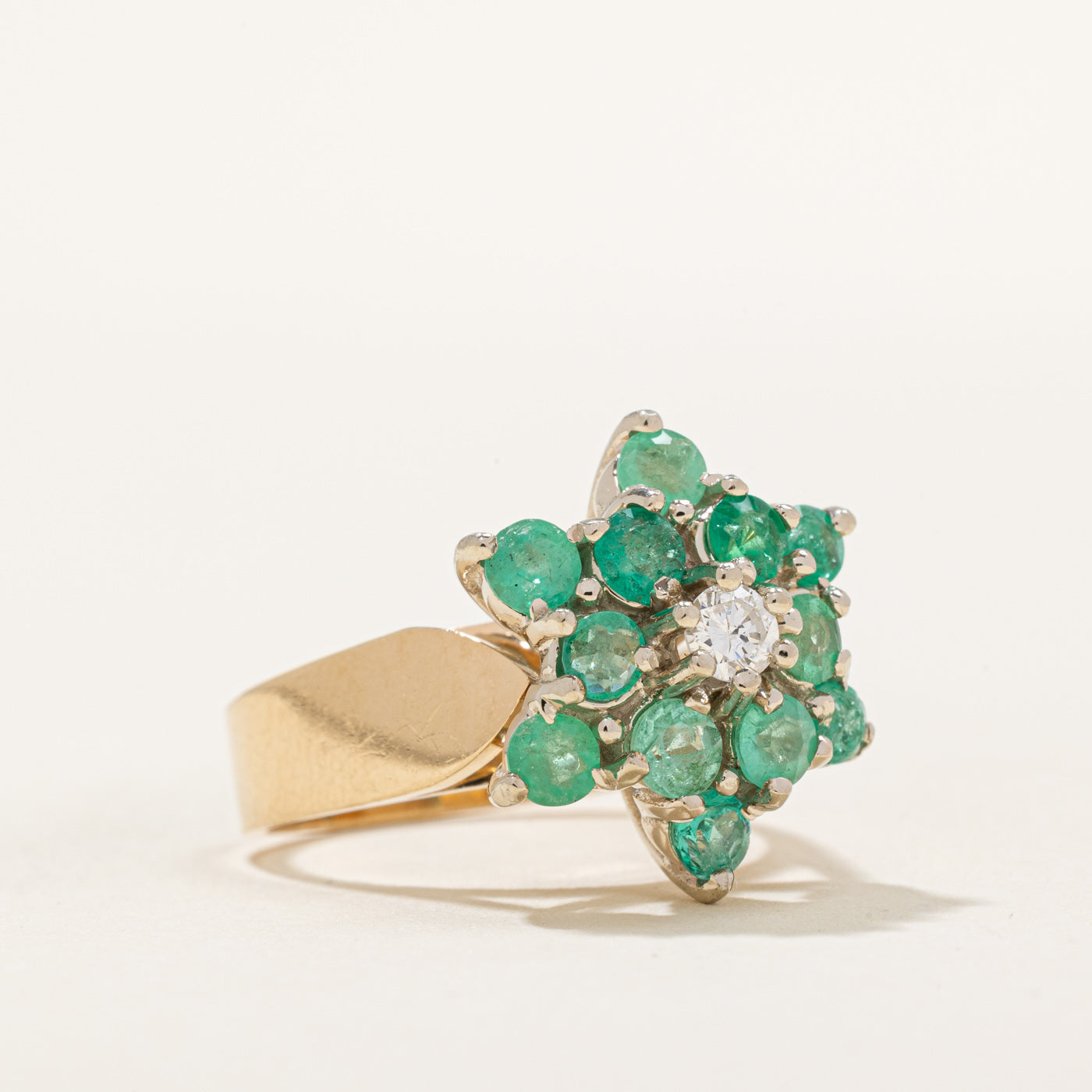 Emerald and Diamond Cluster Flower Ring - 1.50 Carat Total Weight, 0.15ct Center Stone - Size 6.75 - Elegant Vintage Style Jewelry for Women - Perfect for Weddings, Anniversaries & Special Occasions