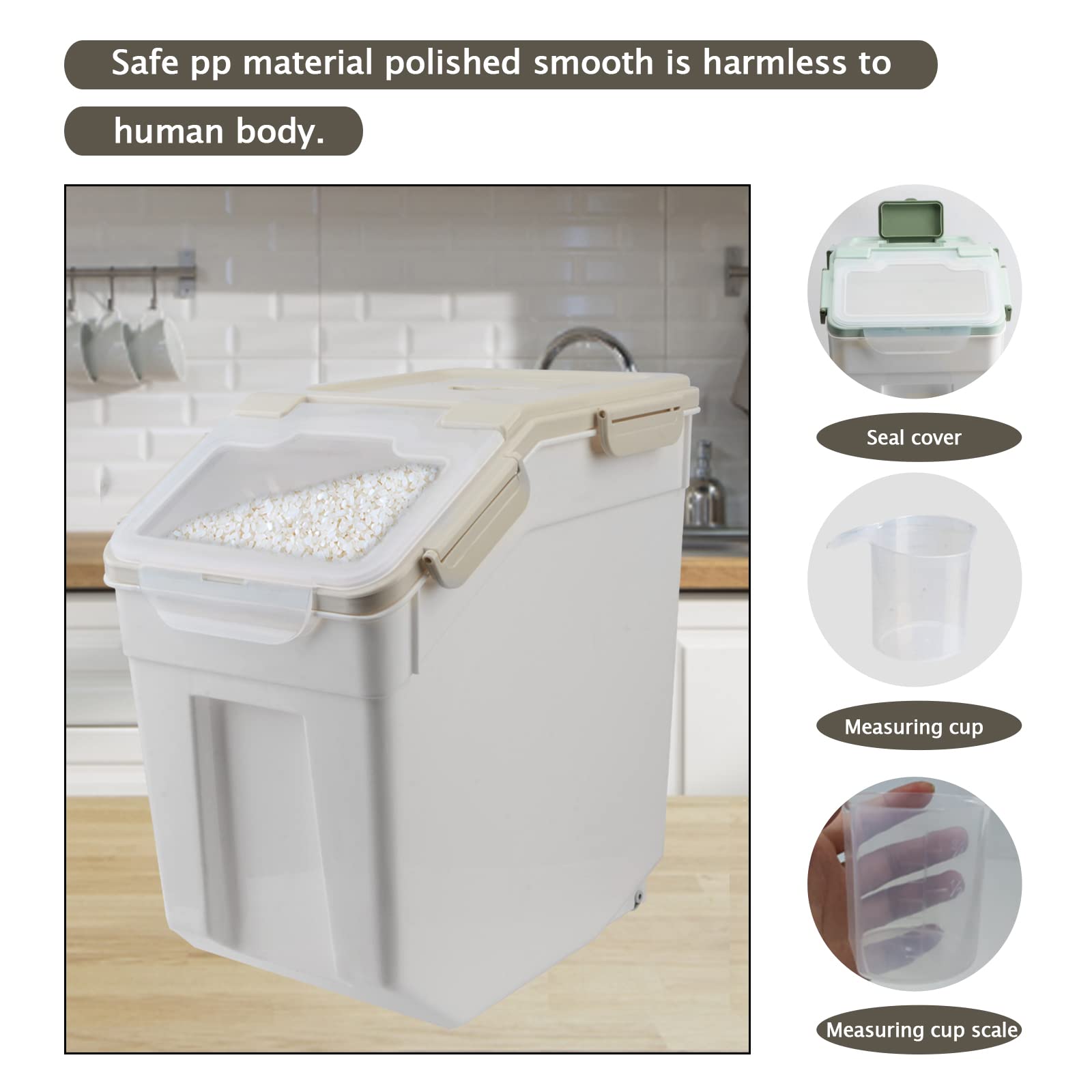 50lb Large Airtight Flour Storage Container with Wheels - 2 Pack BPA-Free Food Grade Rice & Grain Bin with Seal Locking Lid, Measuring Cup & Scoop - Perfect for Kitchen Pantry, Bulk Food Storage & Emergency Supplies (Gray)