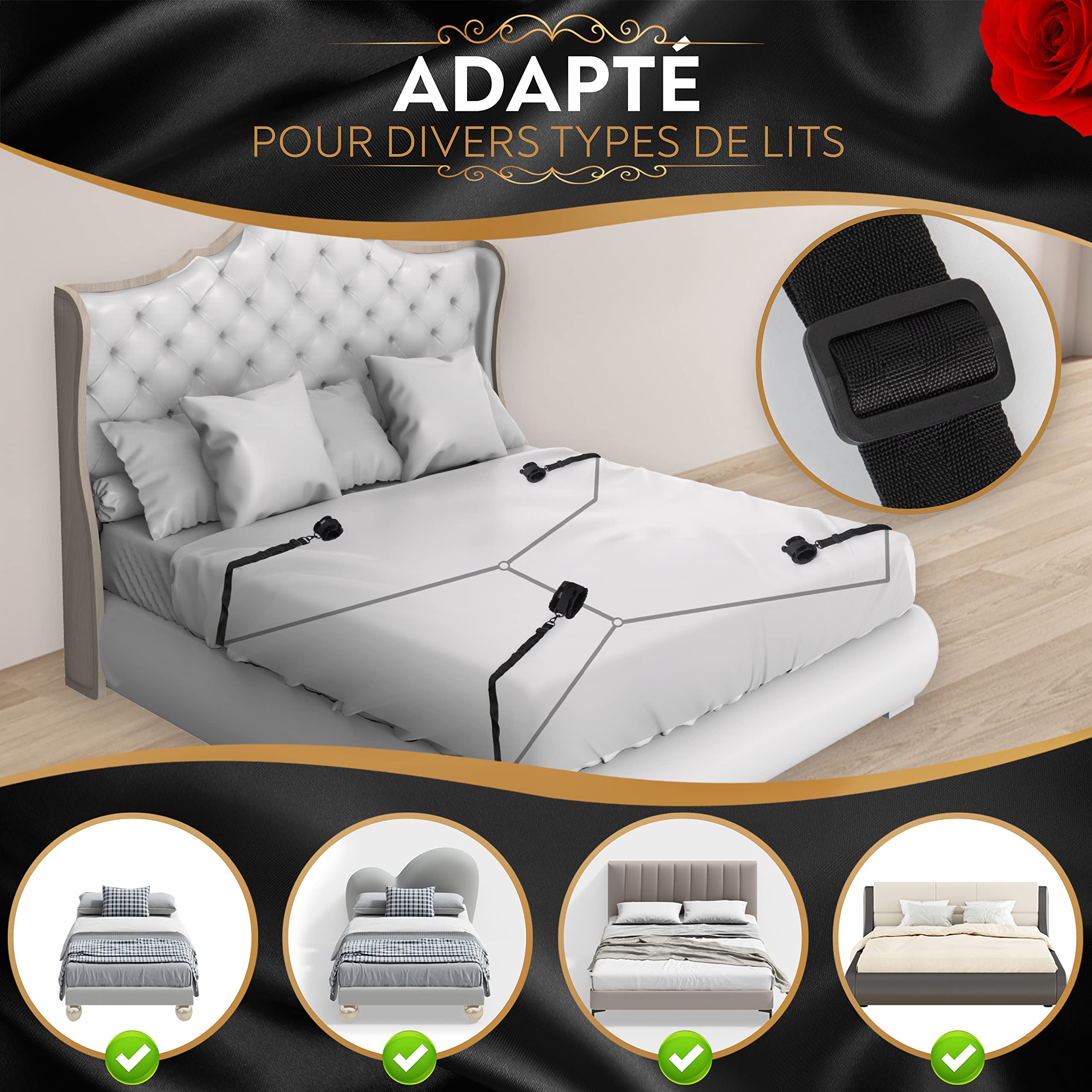 Premium BDSM Restraint Kit for Couples - Handcuffs, Whip, Bed Straps & Carabiners - Adult Bondage Set for Bedroom Play - Enhance Intimacy & Spice Up Your Sex Life - Perfect for Couples & BDSM Enthusiasts