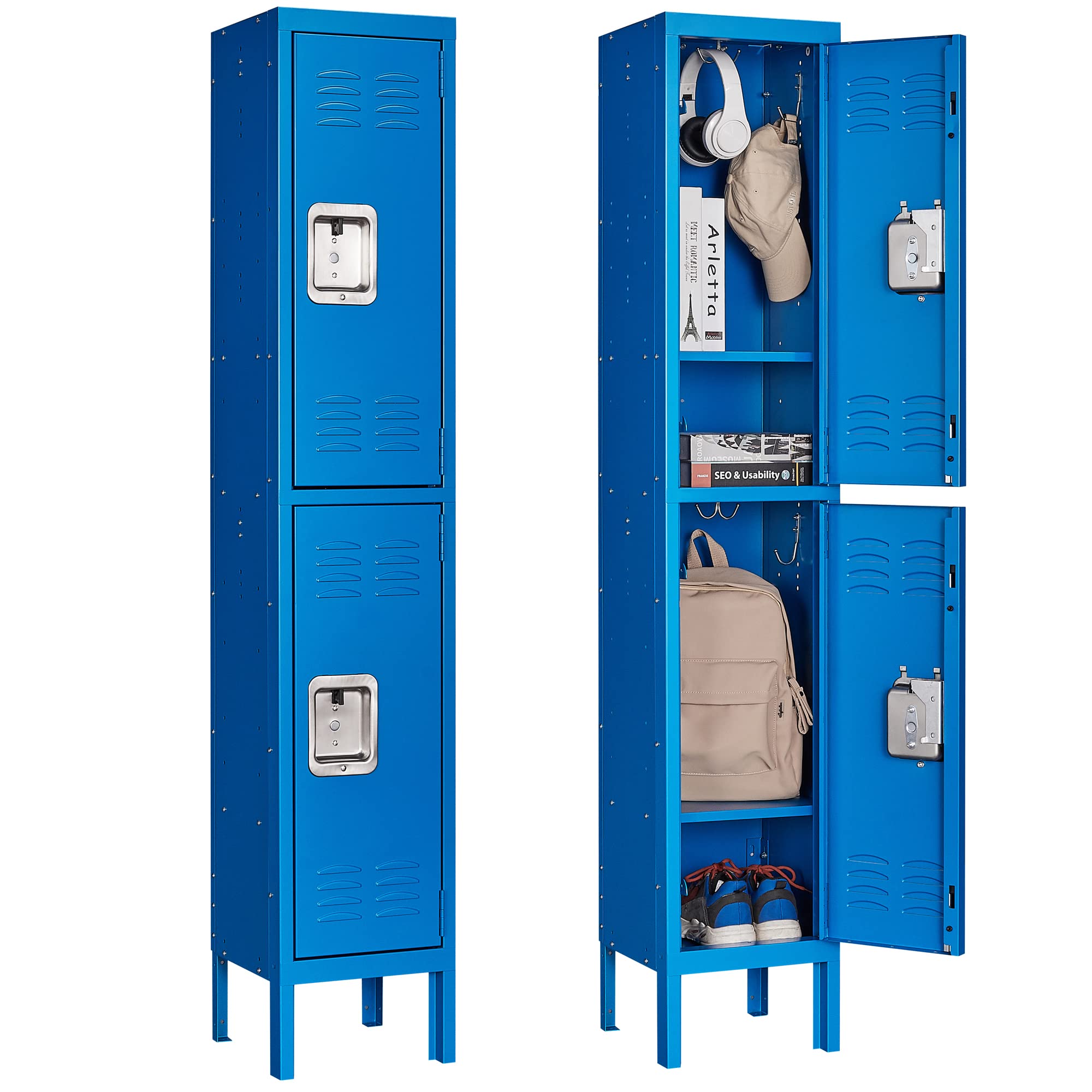 Letaya 4-Tier Metal Storage Cabinet with Locking Doors & Hooks - Secure Locker for Gym, School, Office, Home & Employee Use (Blue, 2-Door) - Perfect for Sports Equipment, Work Supplies & Personal Belongings Storage