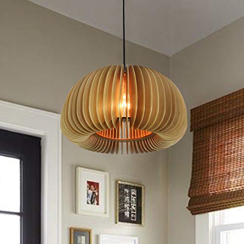 LITFAD Beige Wood Doughnut Ceiling Pendant Light - Farmhouse LED Hanging Fixture for Dining Room, Living Room & Restaurant Decor | Rustic Home Lighting for Kitchen Island, Bedroom, Entryway