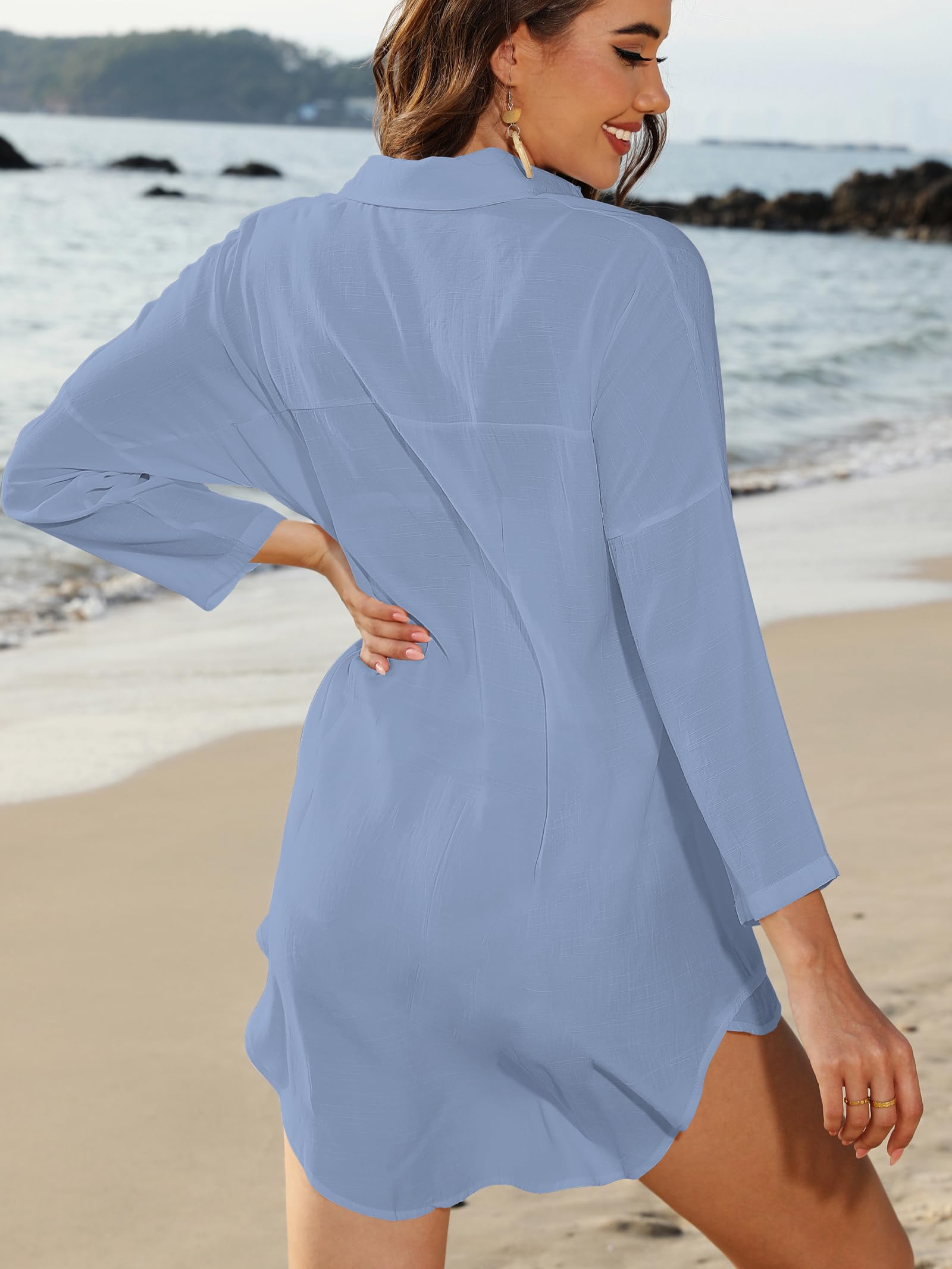 POGTMM Women's Summer Beach Cover Up - Lightweight Button Down Shirt Dress for Swimsuits & Bikinis | Perfect for Poolside, Beach Vacations & Resort Wear