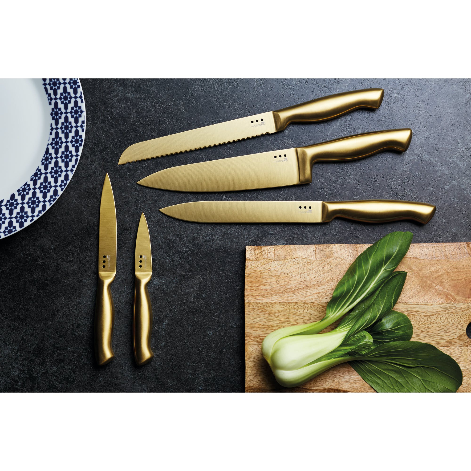 Premium 5-Piece Brass Stainless Steel Knife Set with Block - Professional Chef Knives for Cooking, Slicing & Dicing - Perfect for Home Kitchen & Gourmet Food Preparation