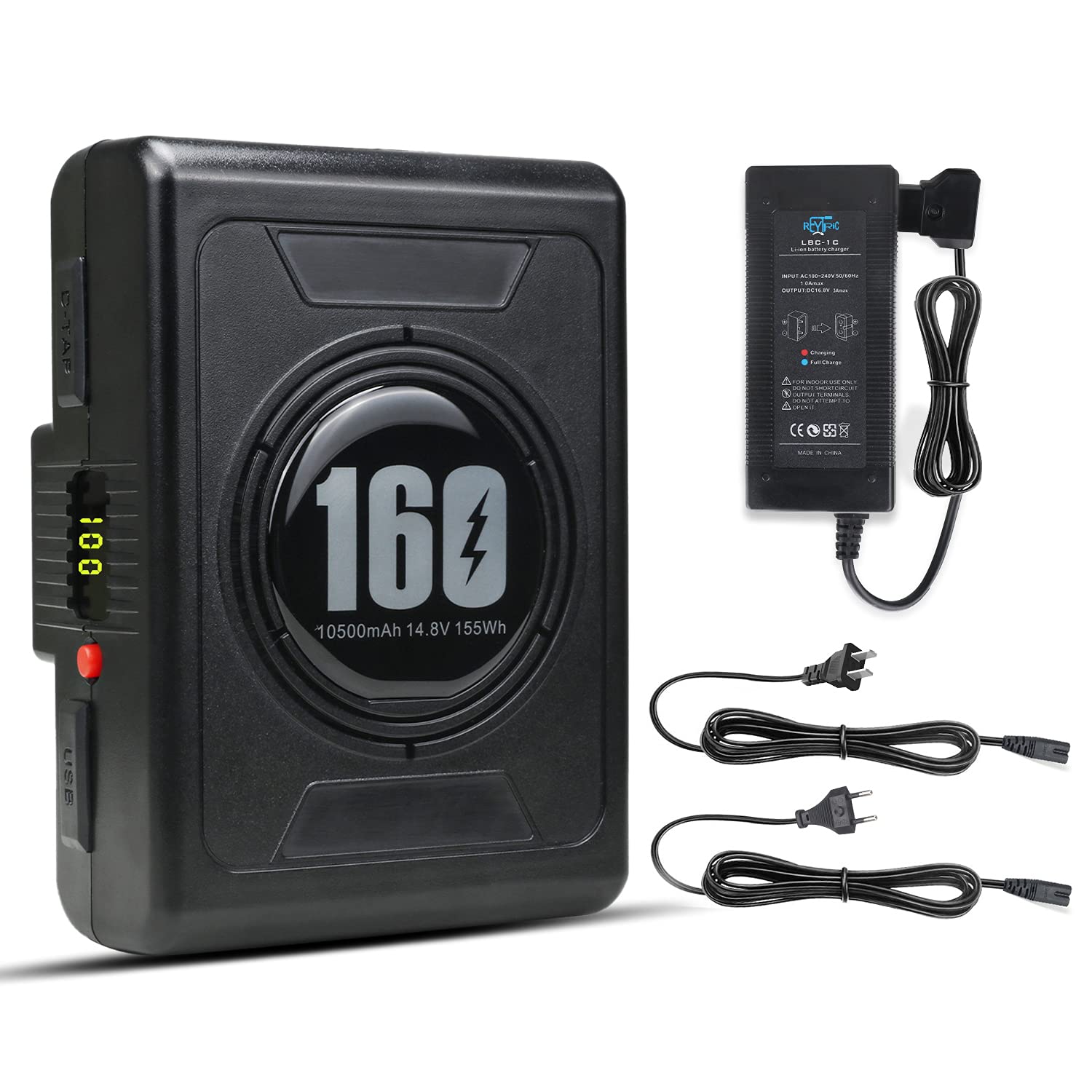 REYTRIC 155Wh (10500mAh) Gold Mount Battery with D-Tap Charger & Output Cable - Compatible with DSLR Cameras, Camcorders, LED Lights - Perfect for Broadcast, Photography & On-Location Power Supply