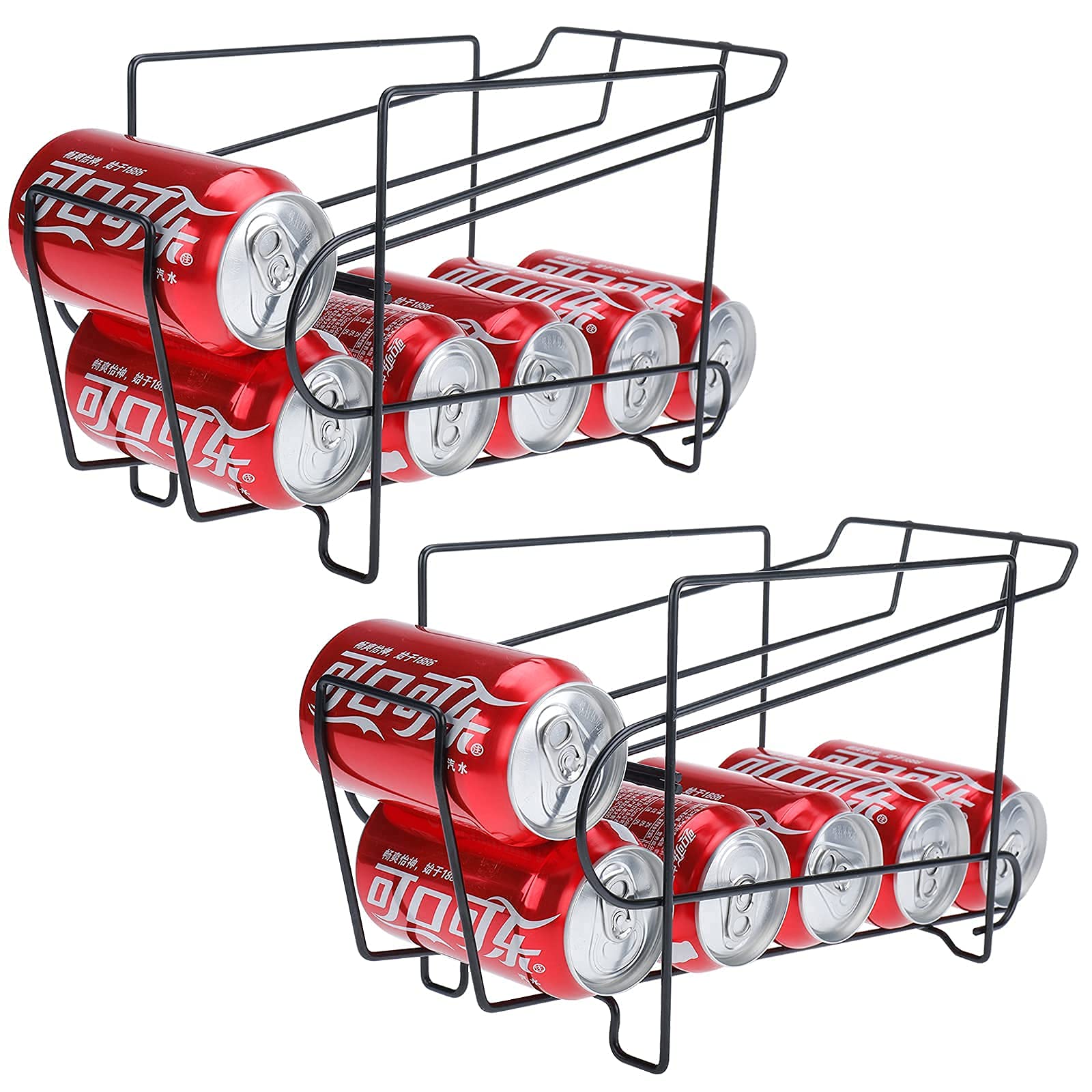 HOMOKUS 2-Tier Soda Can Organizer for Refrigerator - 2 Pack Black Wire Dispenser Holds 10 Cans | Anti-Corrosion Baking Paint | Perfect for Kitchen, Pantry & Party Drink Storage