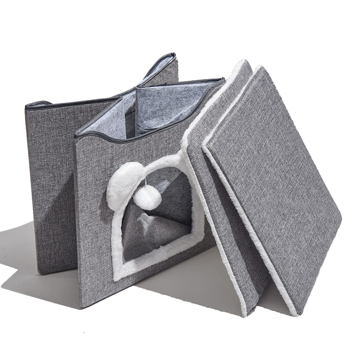 Premium Foldable Cat Bed House for Indoor Cats - Large Cozy Cave with Fluffy Hanging Ball & Scratch Board - 15.35