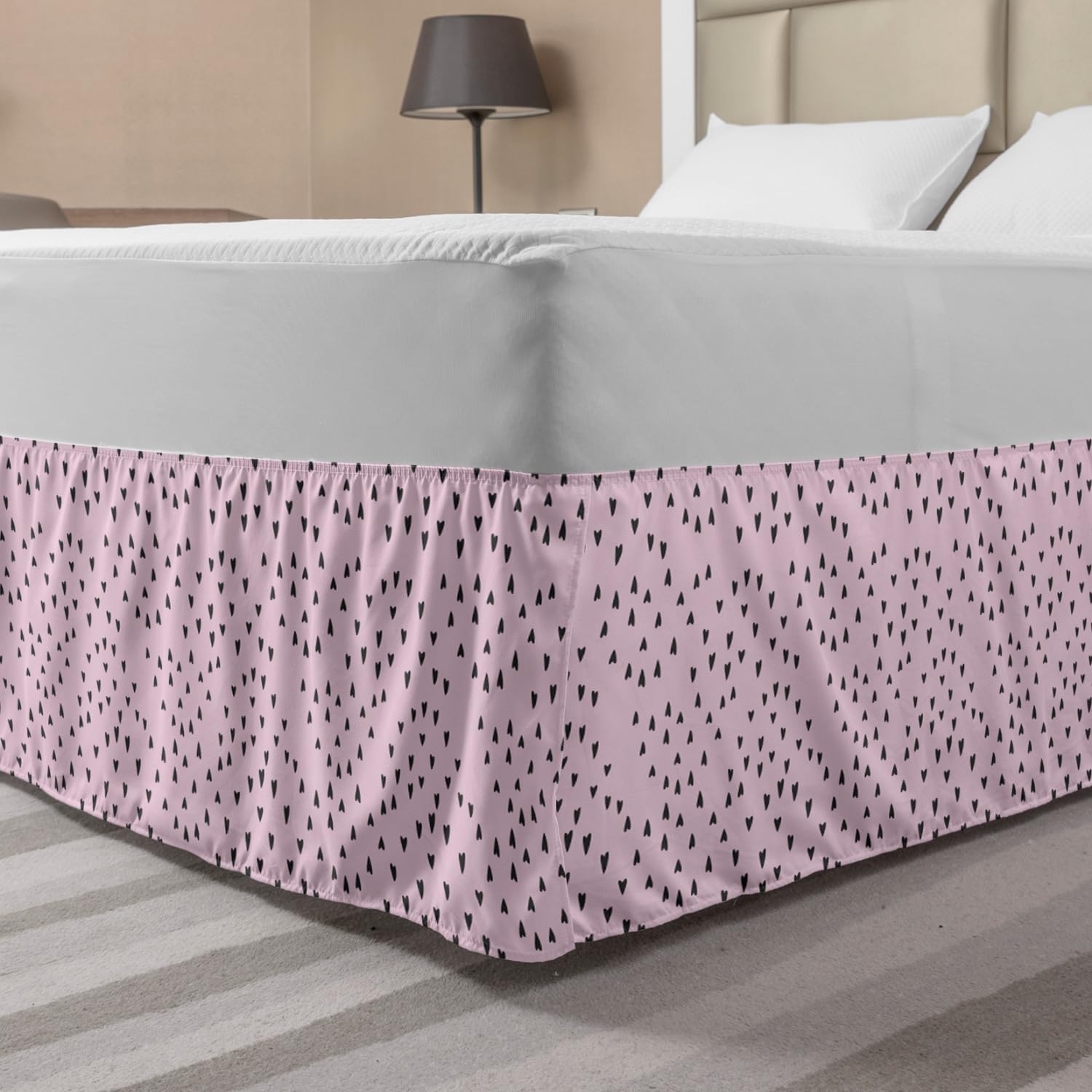 Ambesonne Heart Bedskirt - Valentine's Day Romantic Bedroom Decor with Simplistic Rhythmic Pattern, Wrap Around Elastic Gathered Design - Queen Size in Pale Pink & Dark Taupe - Perfect for Master Bedrooms, Guest Rooms & Valentine's Day Gift Ideas