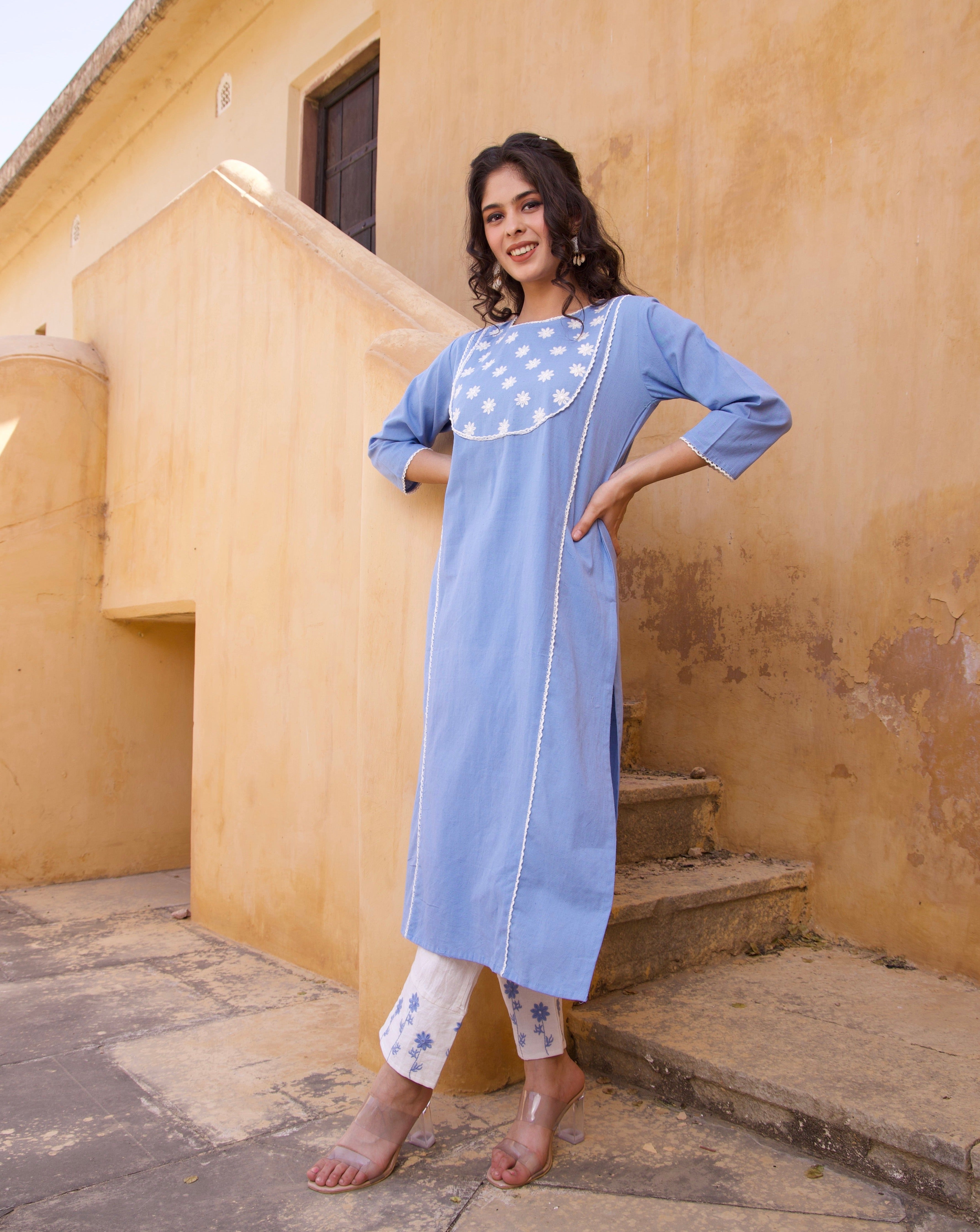 Stylish Sky Blue Floral Kurta Set for Women | Traditional Indian Ethnic Wear | Perfect for Festivals, Weddings & Casual Outings