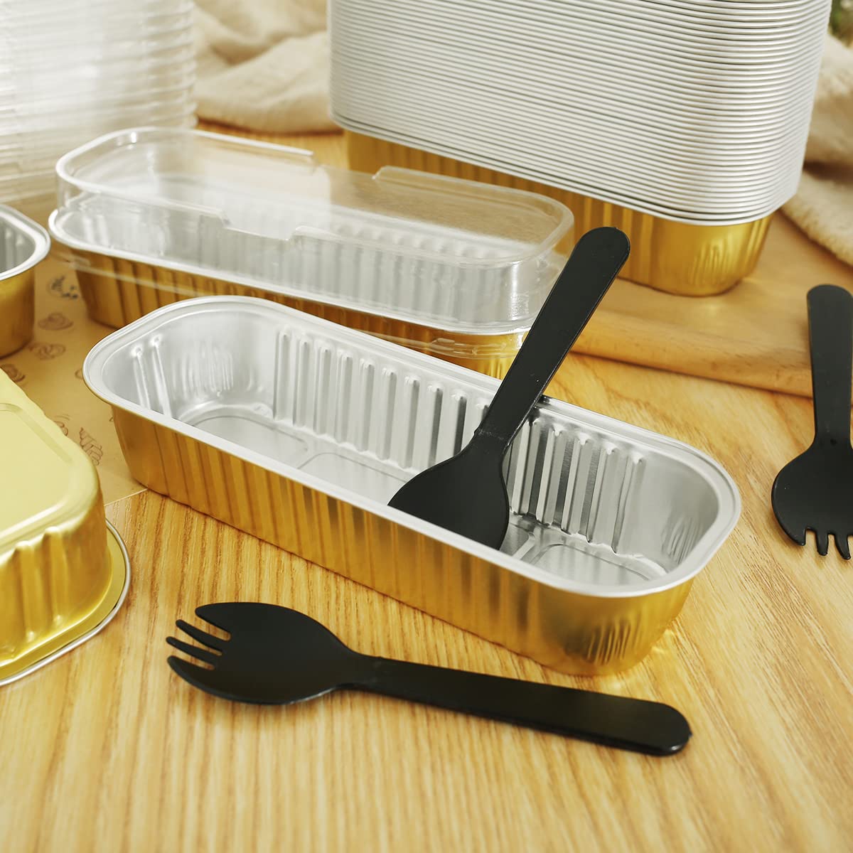 200pcs Mini Loaf Pans with Lids, Spoons & Stickers - 200ml Heat-Resistant Aluminum Baking Tins, Reusable Foil Bread Containers for Cake, Cupcakes & Desserts - Perfect for Home Kitchen Baking, Party Treats & Holiday Gifts (Gold)